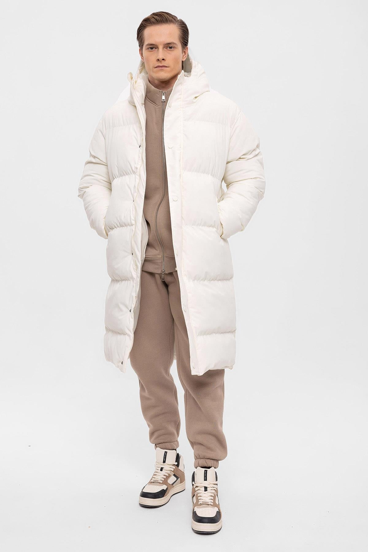 Men's Ecru Hooded Long Puffer Jacket