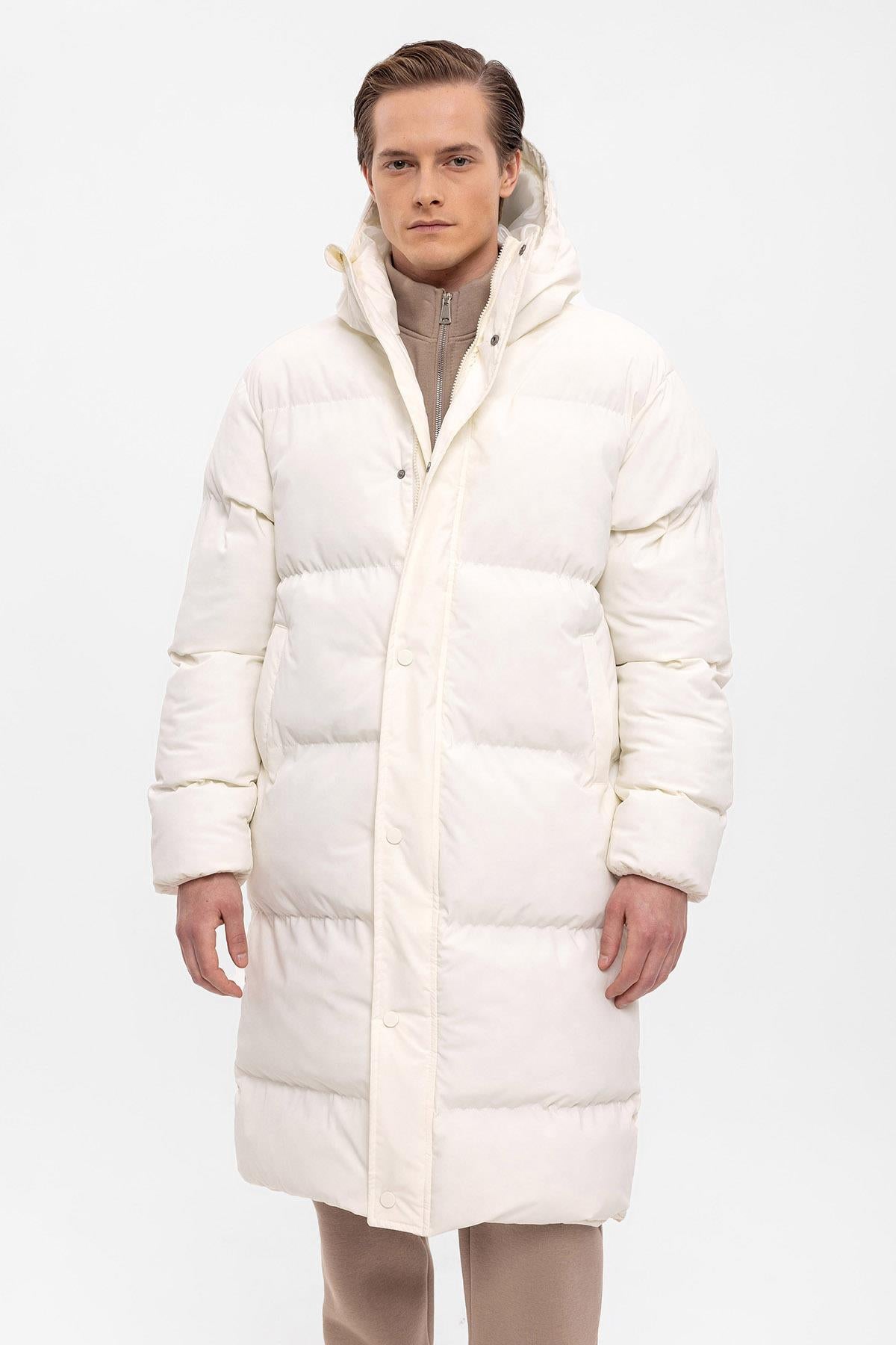 Men's Ecru Hooded Long Puffer Jacket