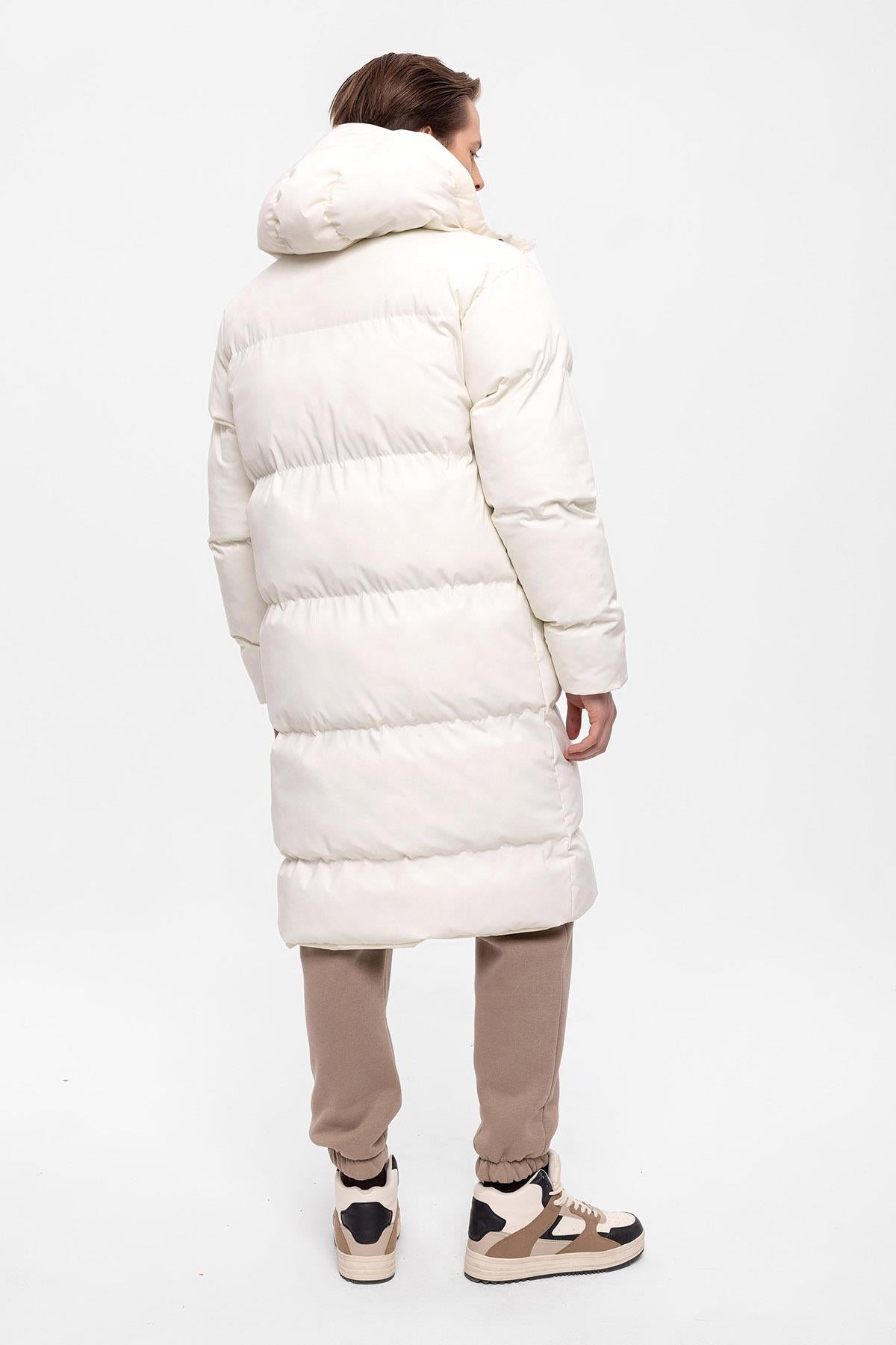 Men's Ecru Hooded Long Puffer Jacket