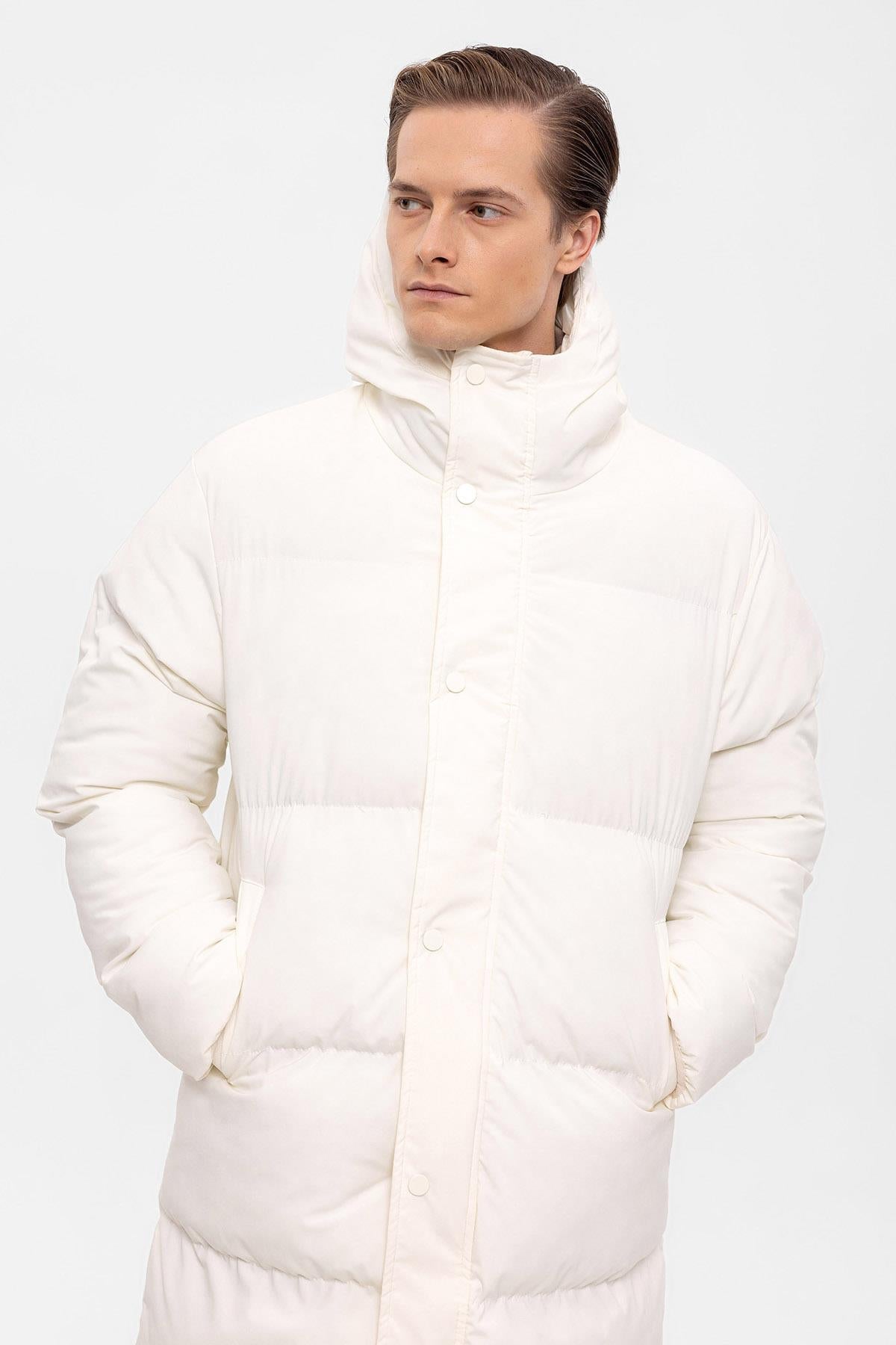 Men's Ecru Hooded Long Puffer Jacket