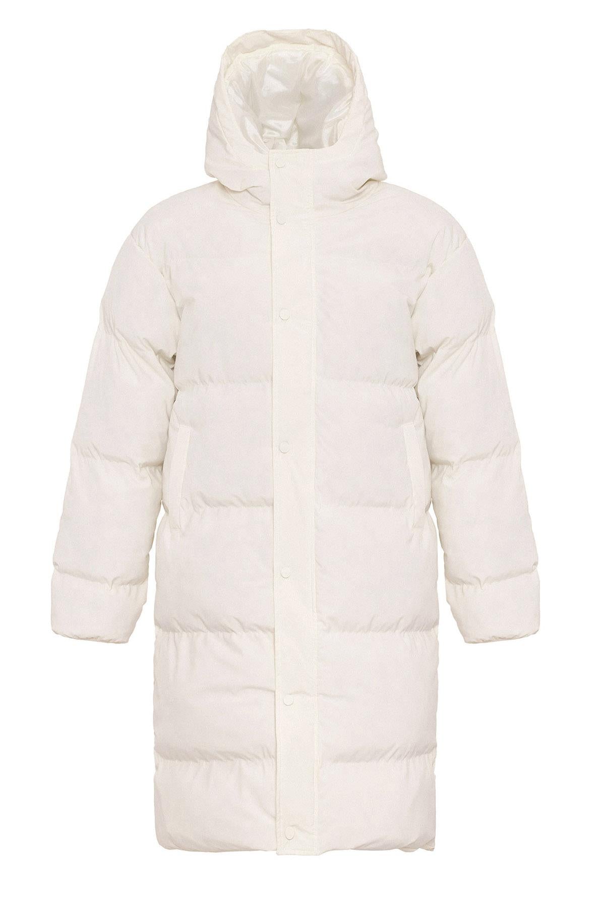 Men's Ecru Hooded Long Puffer Jacket
