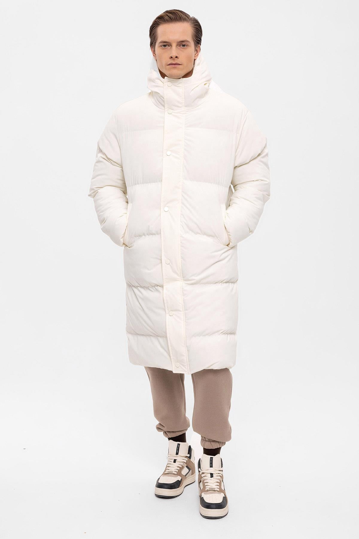 Men's Ecru Hooded Long Puffer Jacket