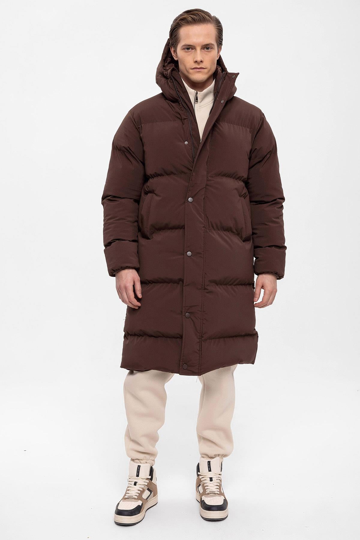 Men's Brown Hooded Long Puffer Jacket