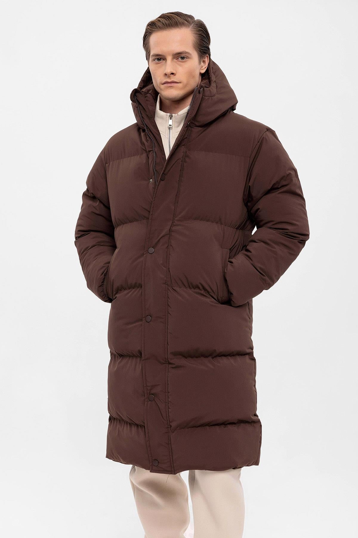 Men's Brown Hooded Long Puffer Jacket