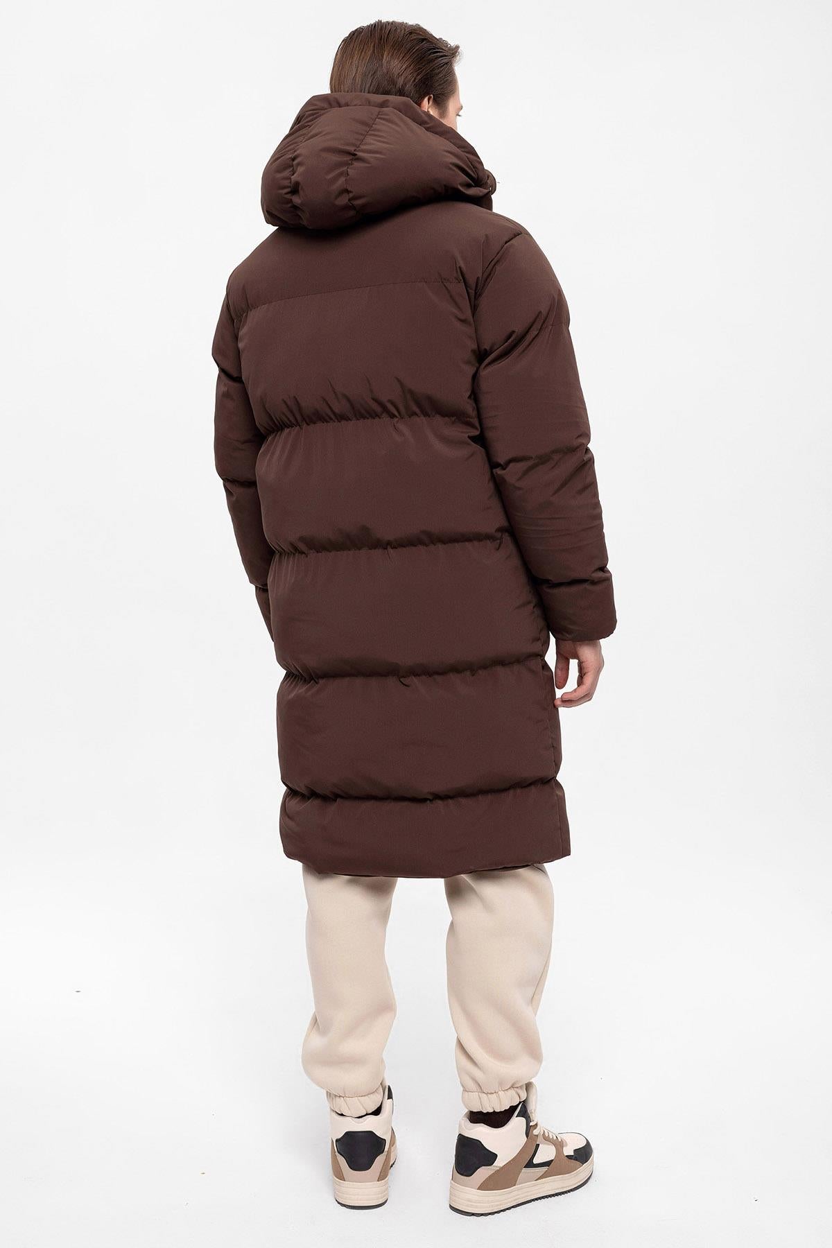 Men's Brown Hooded Long Puffer Jacket