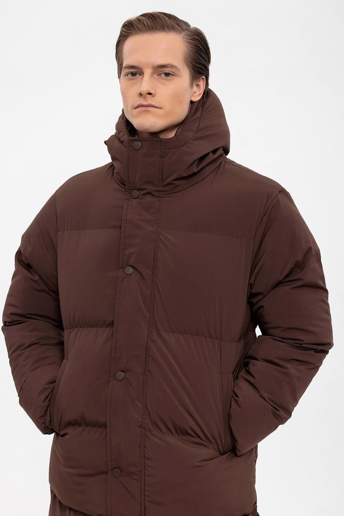 Men's Brown Hooded Long Puffer Jacket
