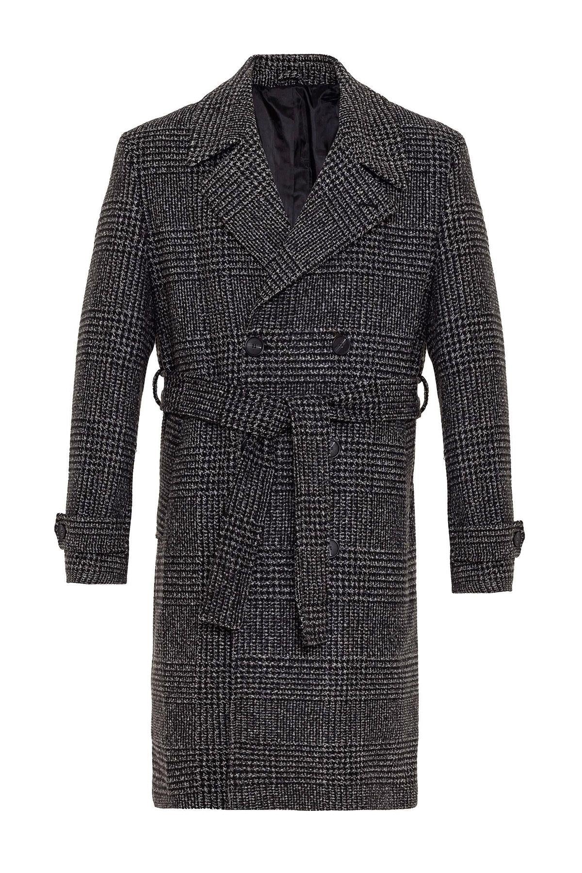 Belted Double Breasted Closure Plaid Men's Coat