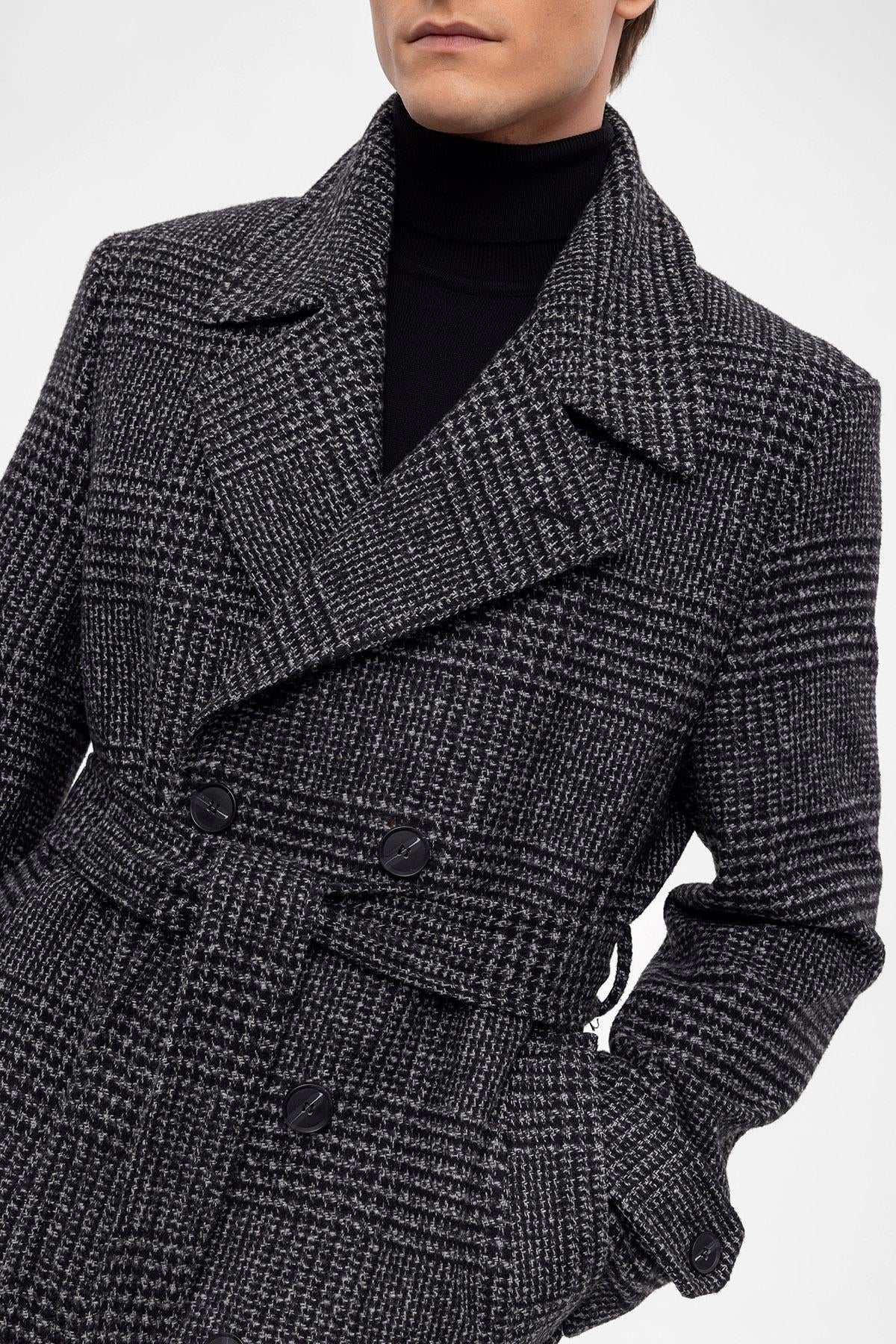 Belted Double Breasted Closure Plaid Men's Coat