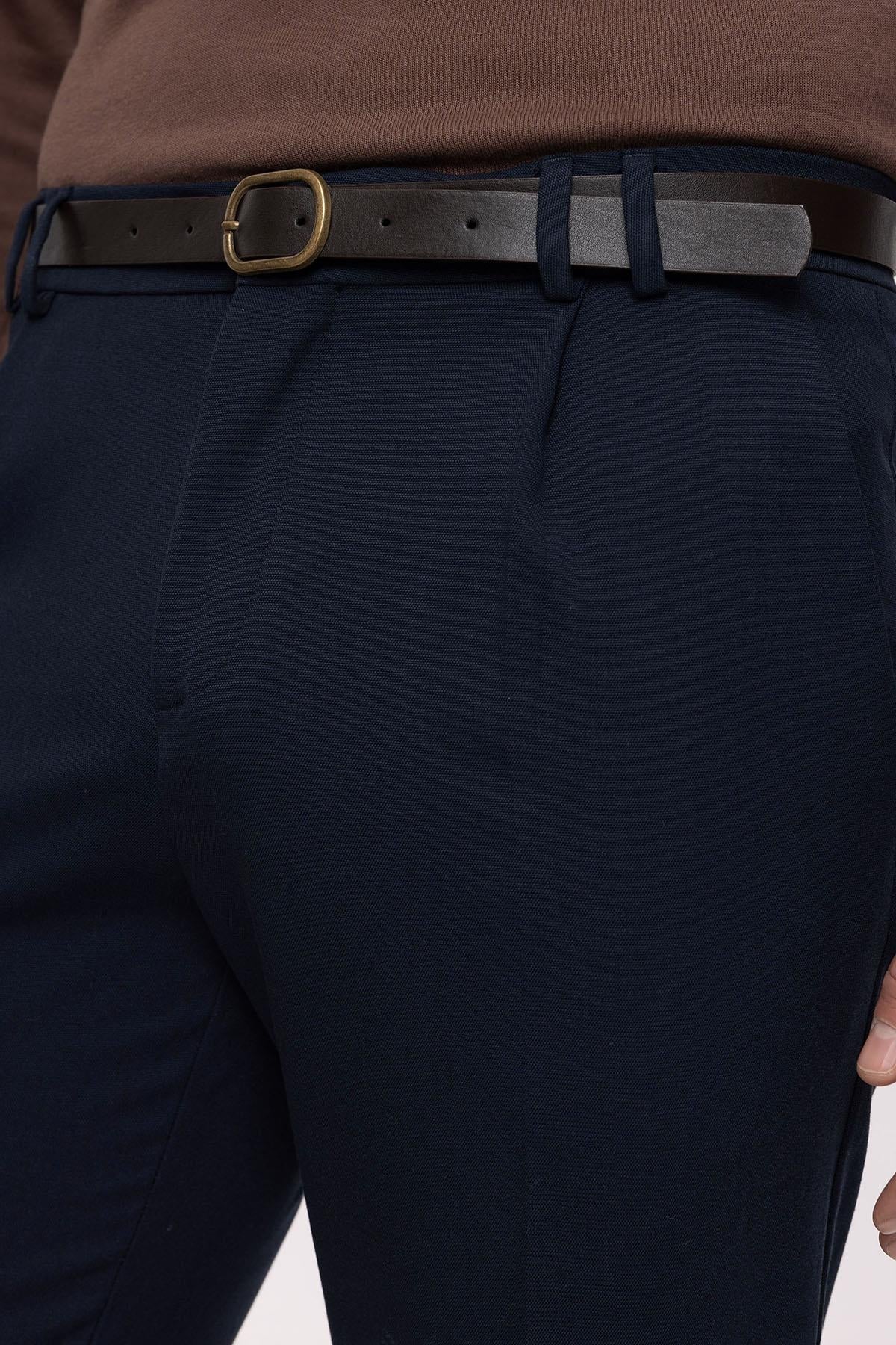 Men's Navy Blue Belted High Waist Trousers