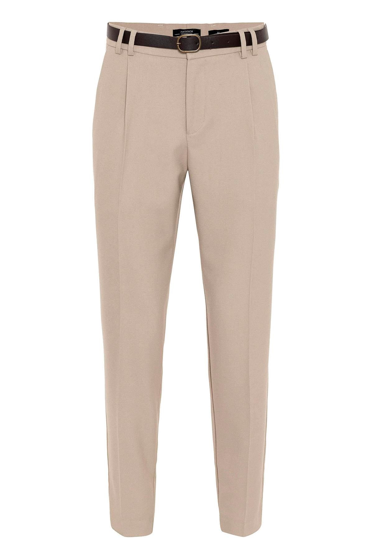 Men's Beige Belted High Waist Trousers