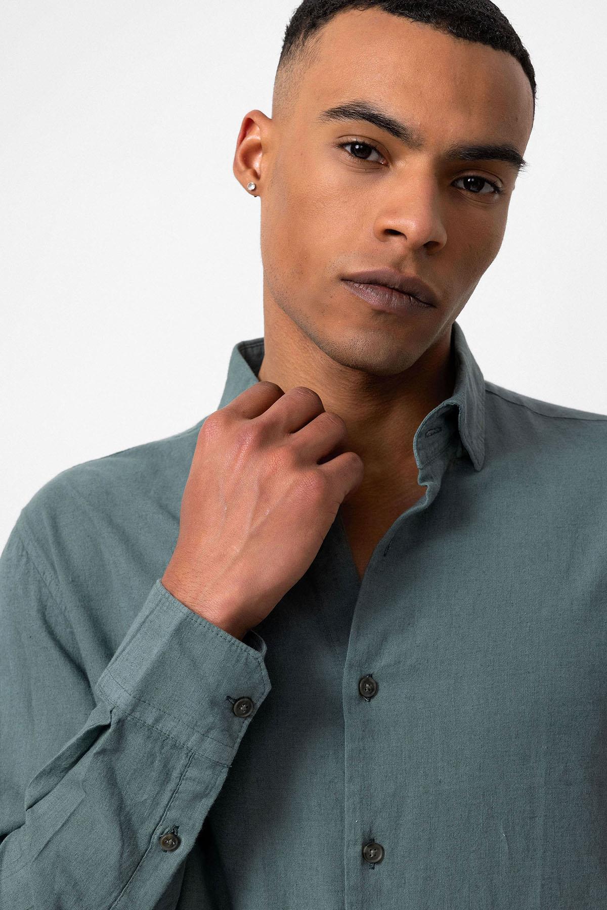 Men's Green Linen Blend Shirt