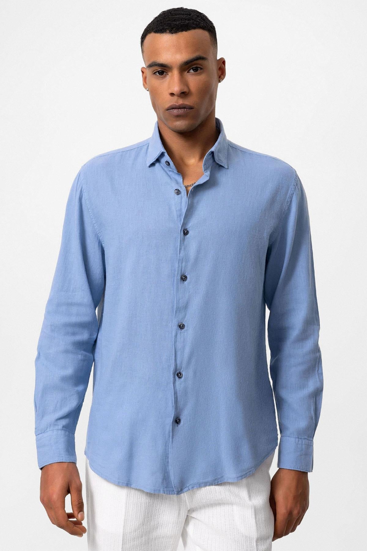 Men's Baby Blue Linen Blend Shirt