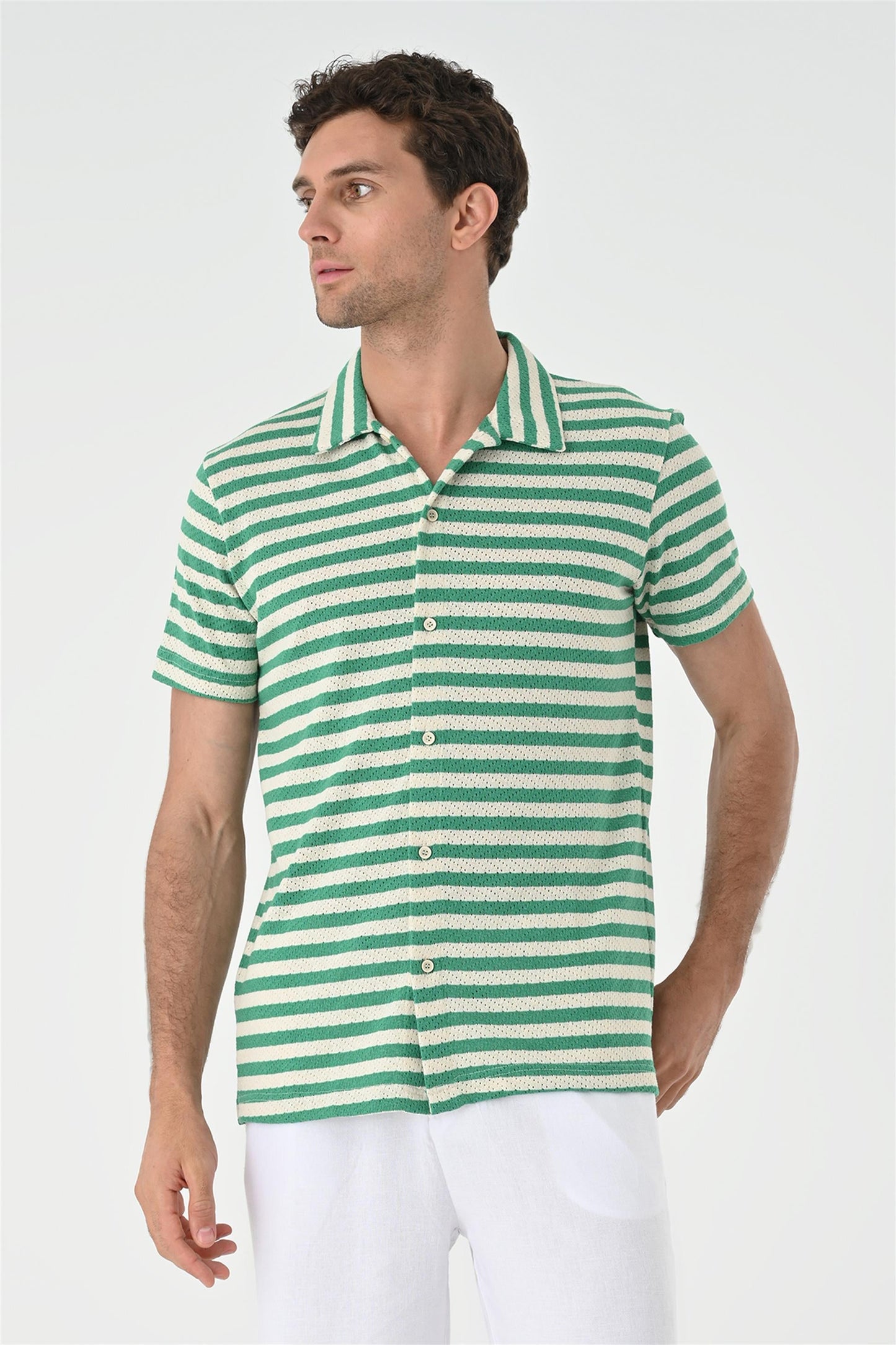 Men's Duck Green Short Sleeve Striped Knitwear Shirt