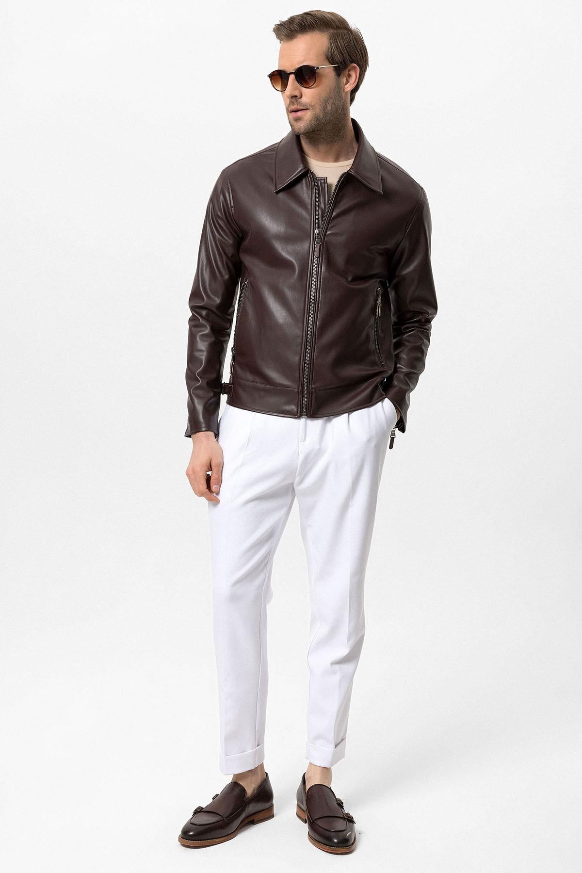 KOALA SYDNEY Men's Brown Zipper Sleeve Faux Leather Jacket