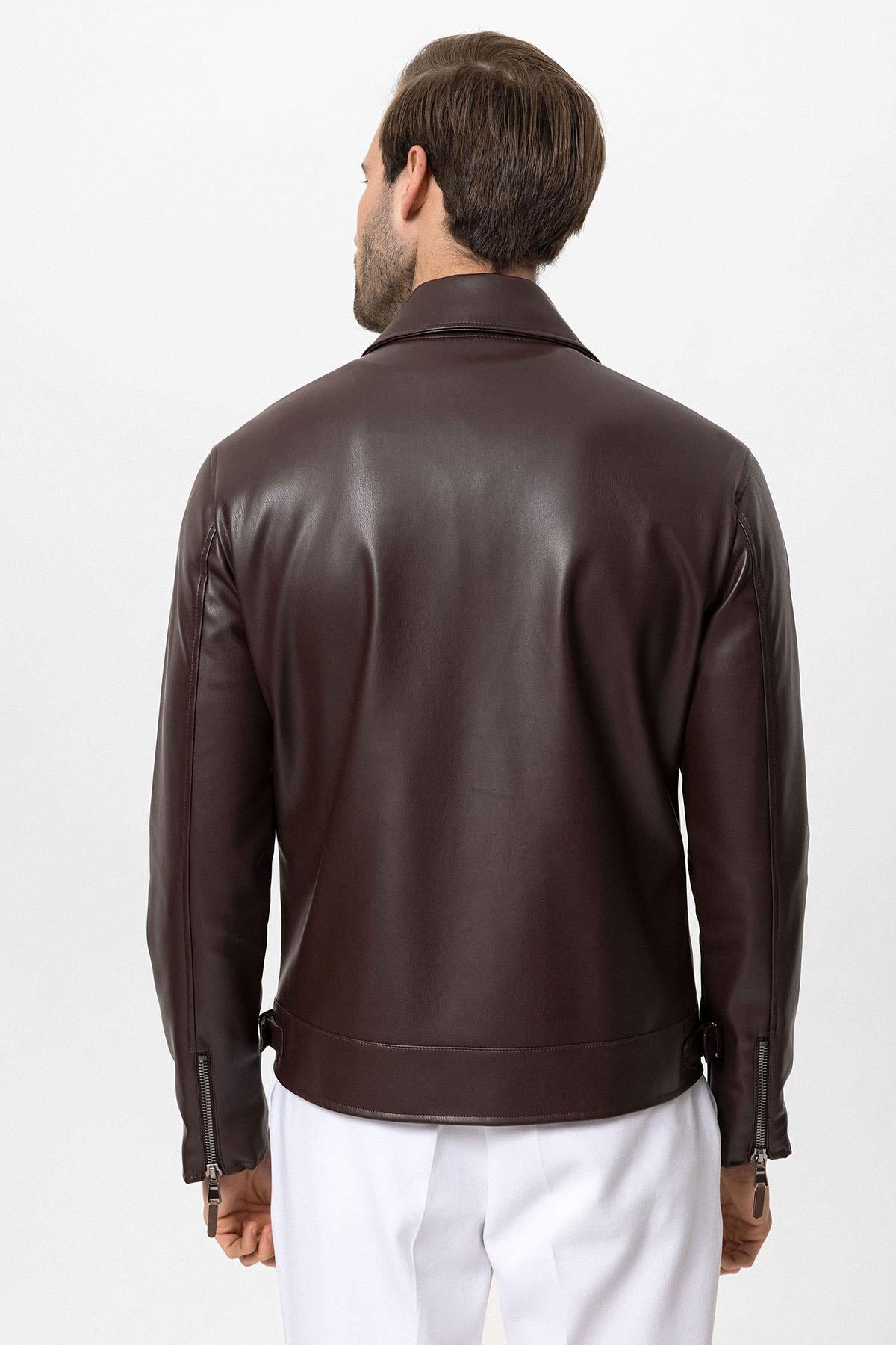 Men's Brown Zipper Sleeve Faux Leather Jacket - Wessi