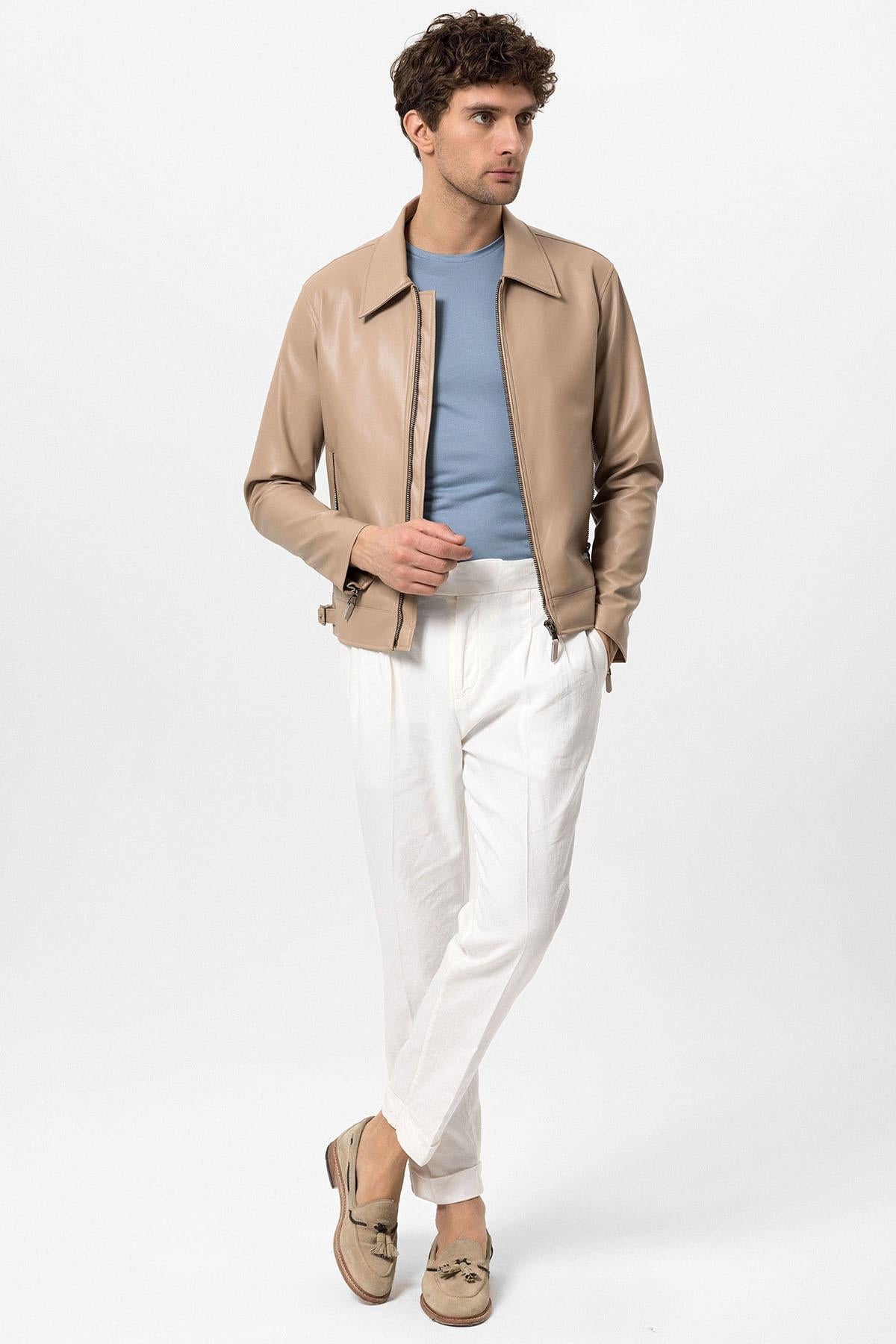 KOALA SYDNEY Men's Beige Zipper Sleeve Faux Leather Jacket
