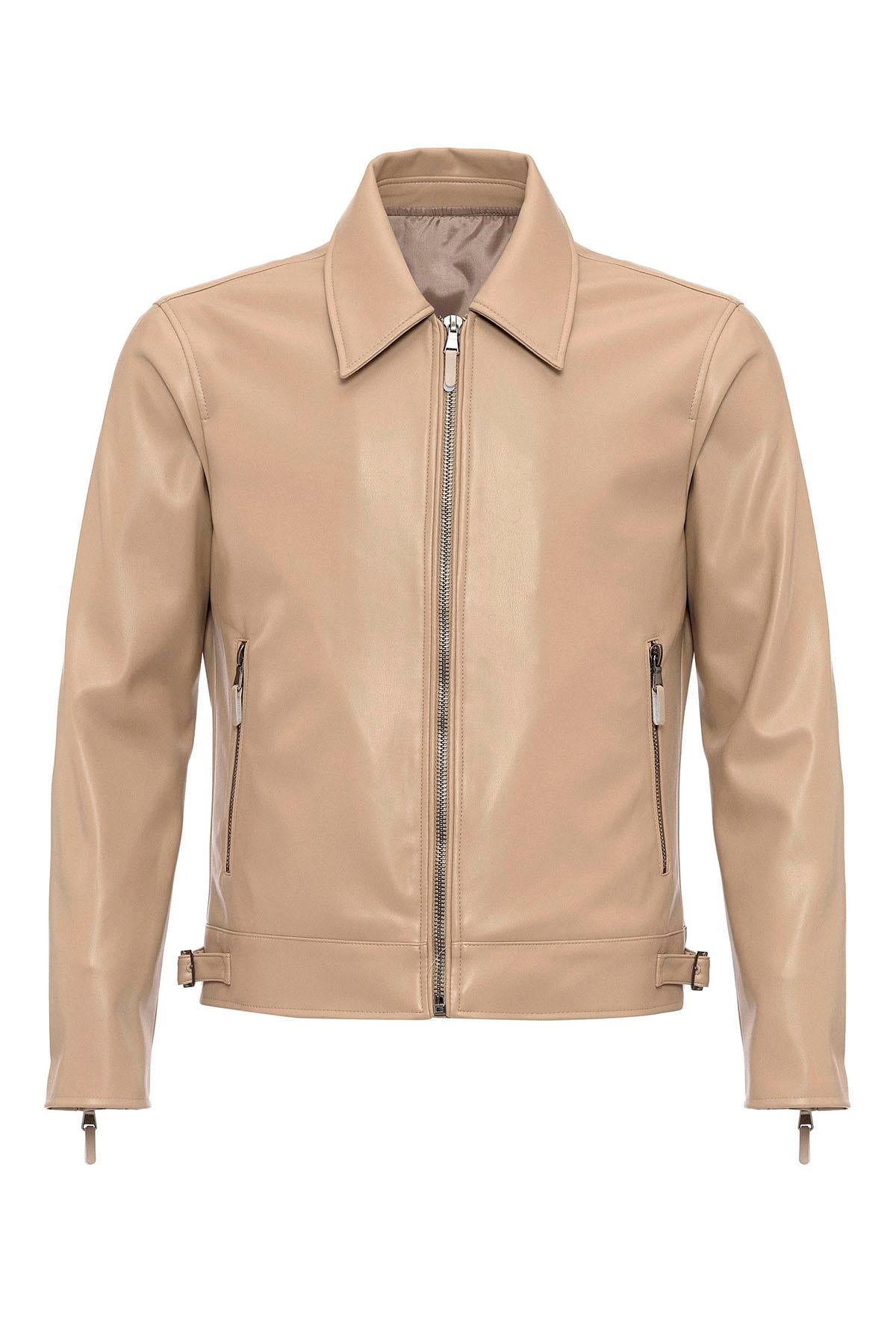 Men's Beige Zipper Sleeve Faux Leather Jacket - Wessi