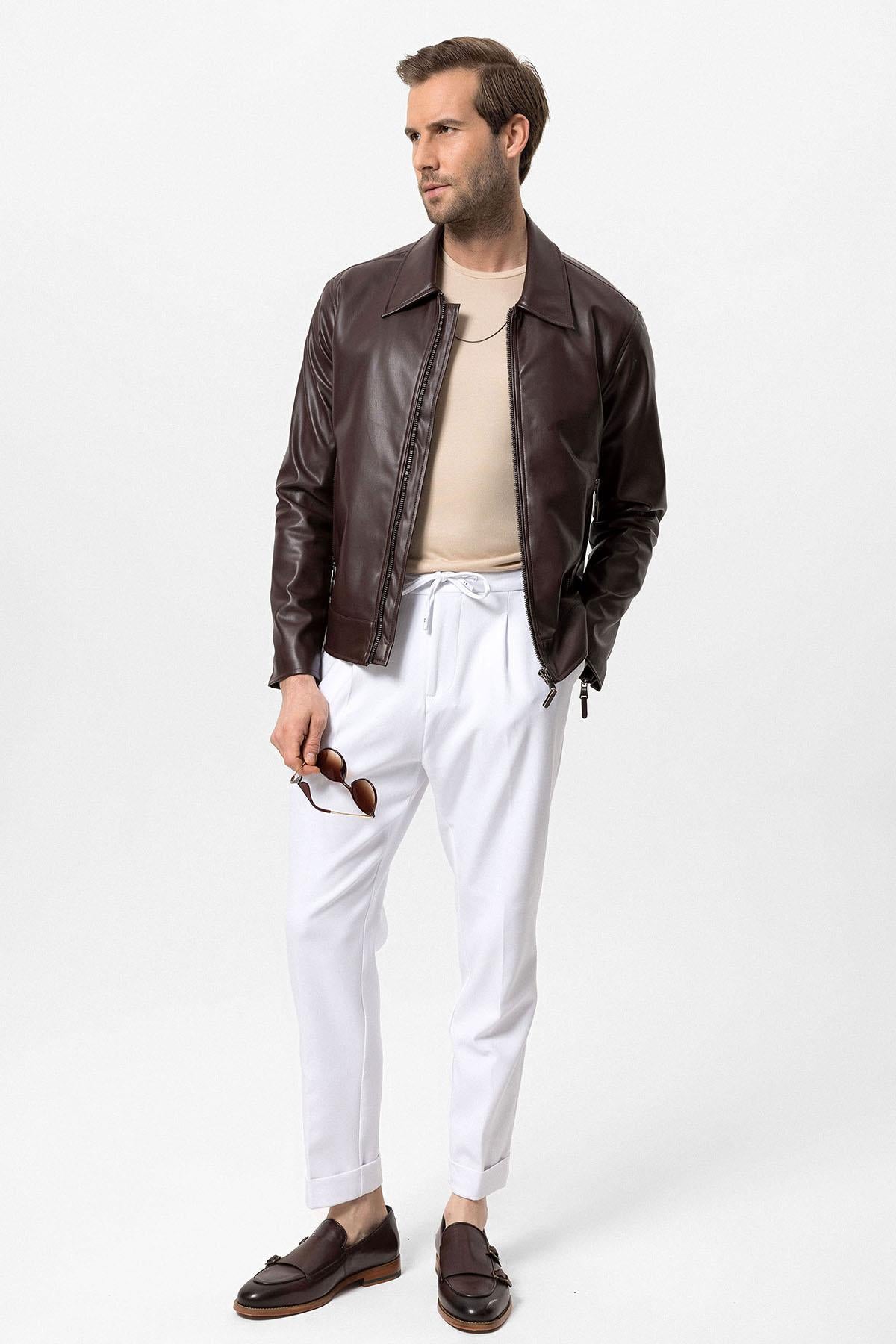KOALA SYDNEY Men's Brown Zipper Sleeve Faux Leather Jacket