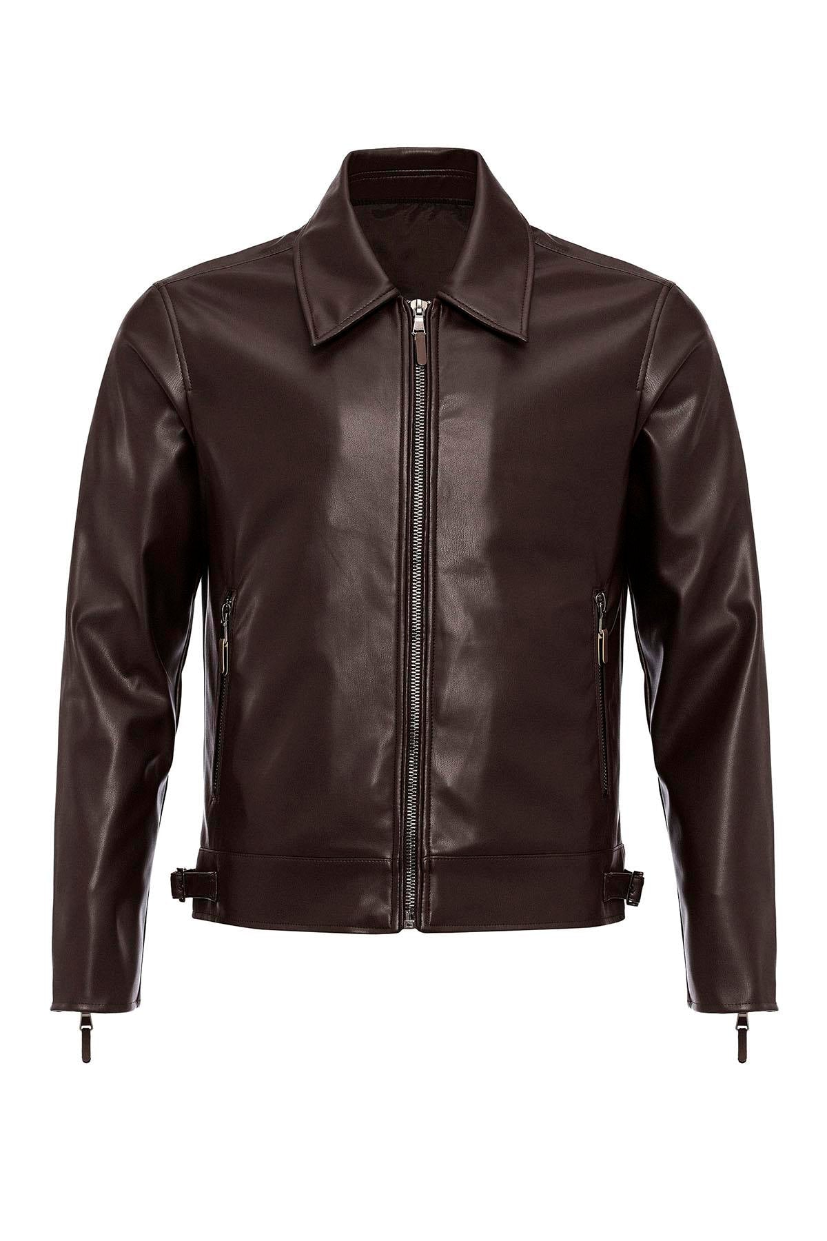 Men's Brown Zipper Sleeve Faux Leather Jacket - Wessi