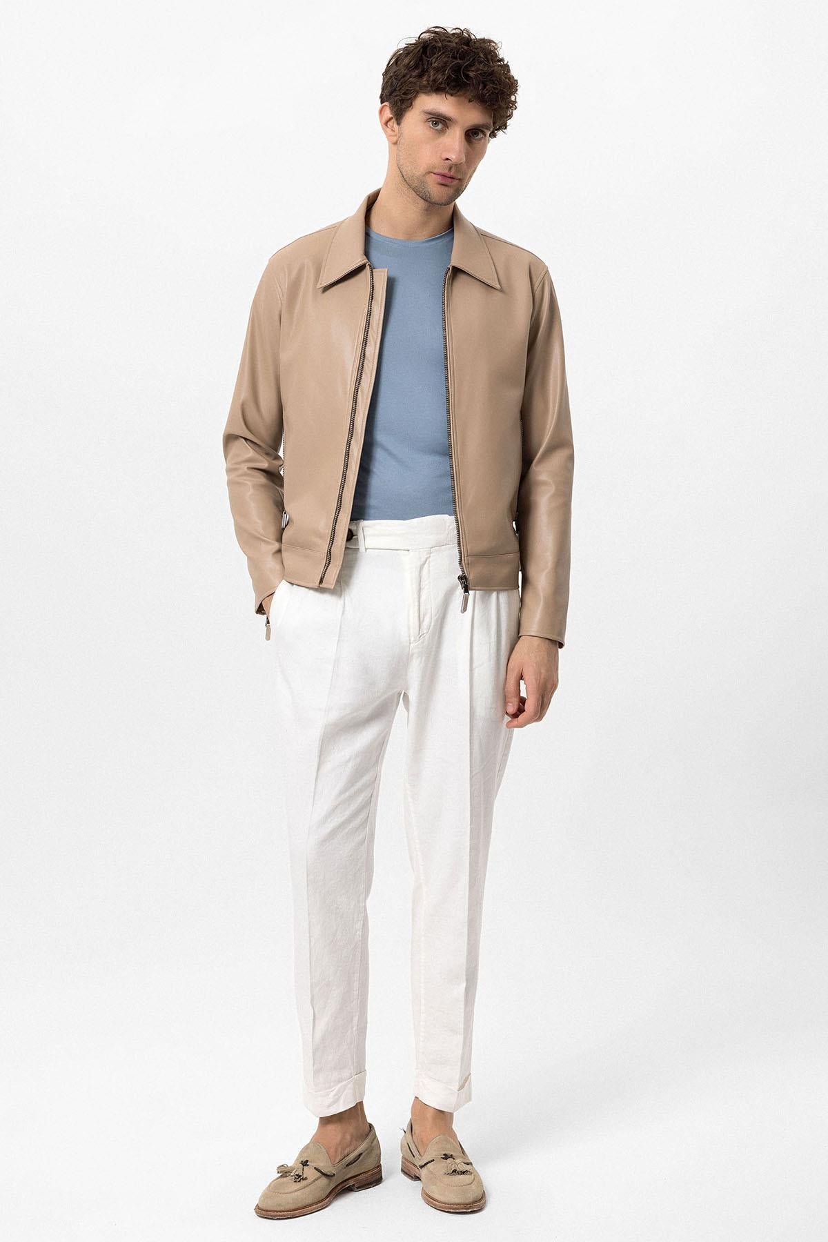 KOALA SYDNEY Men's Beige Zipper Sleeve Faux Leather Jacket