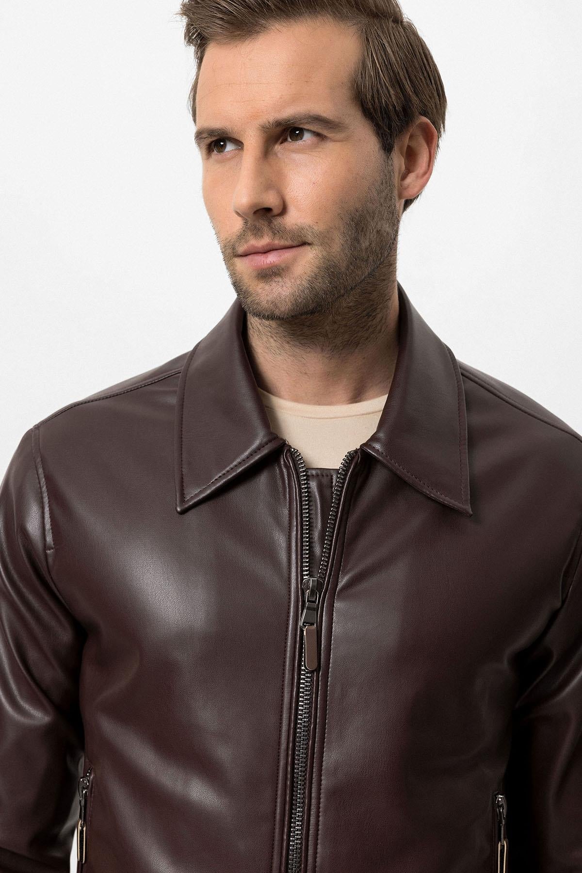 KOALA SYDNEY Men's Brown Zipper Sleeve Faux Leather Jacket