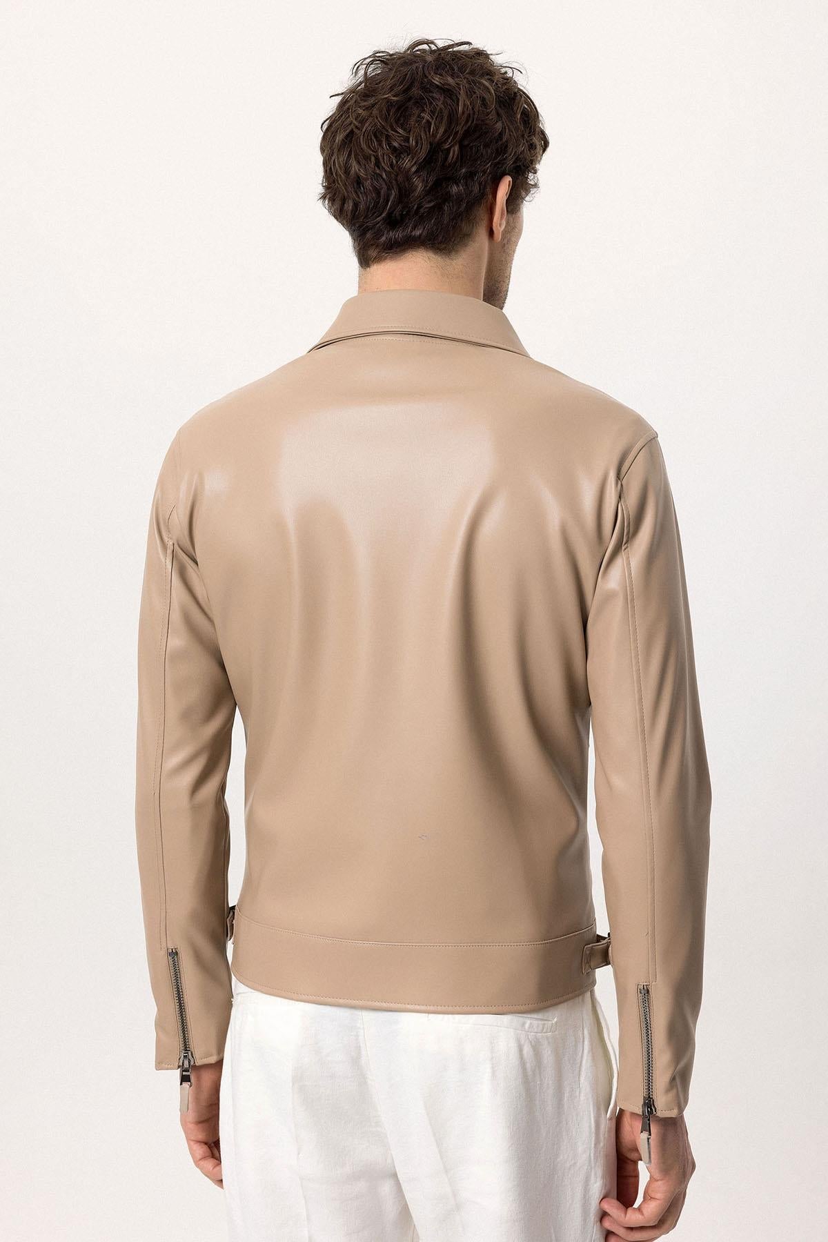 KOALA SYDNEY Men's Beige Zipper Sleeve Faux Leather Jacket