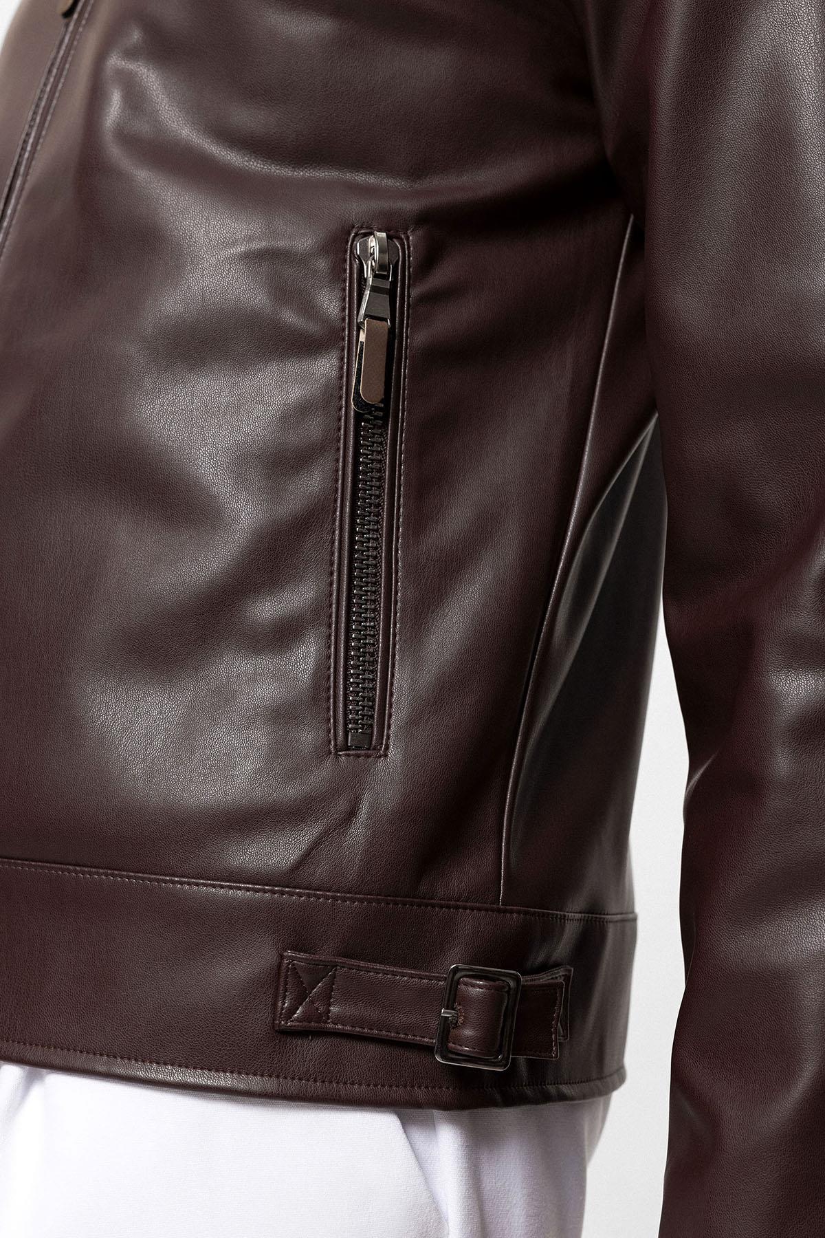 Men's Brown Zipper Sleeve Faux Leather Jacket - Wessi