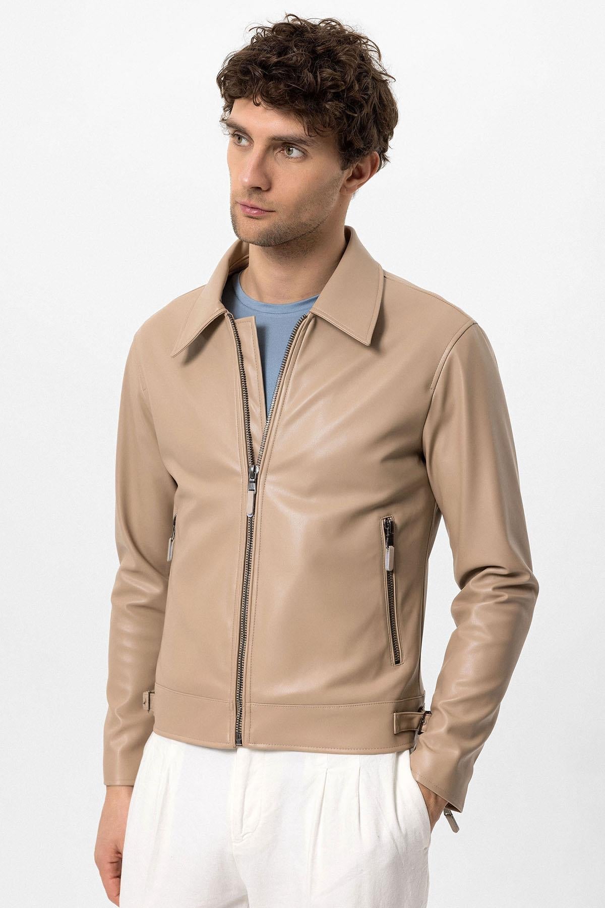 KOALA SYDNEY Men's Beige Zipper Sleeve Faux Leather Jacket