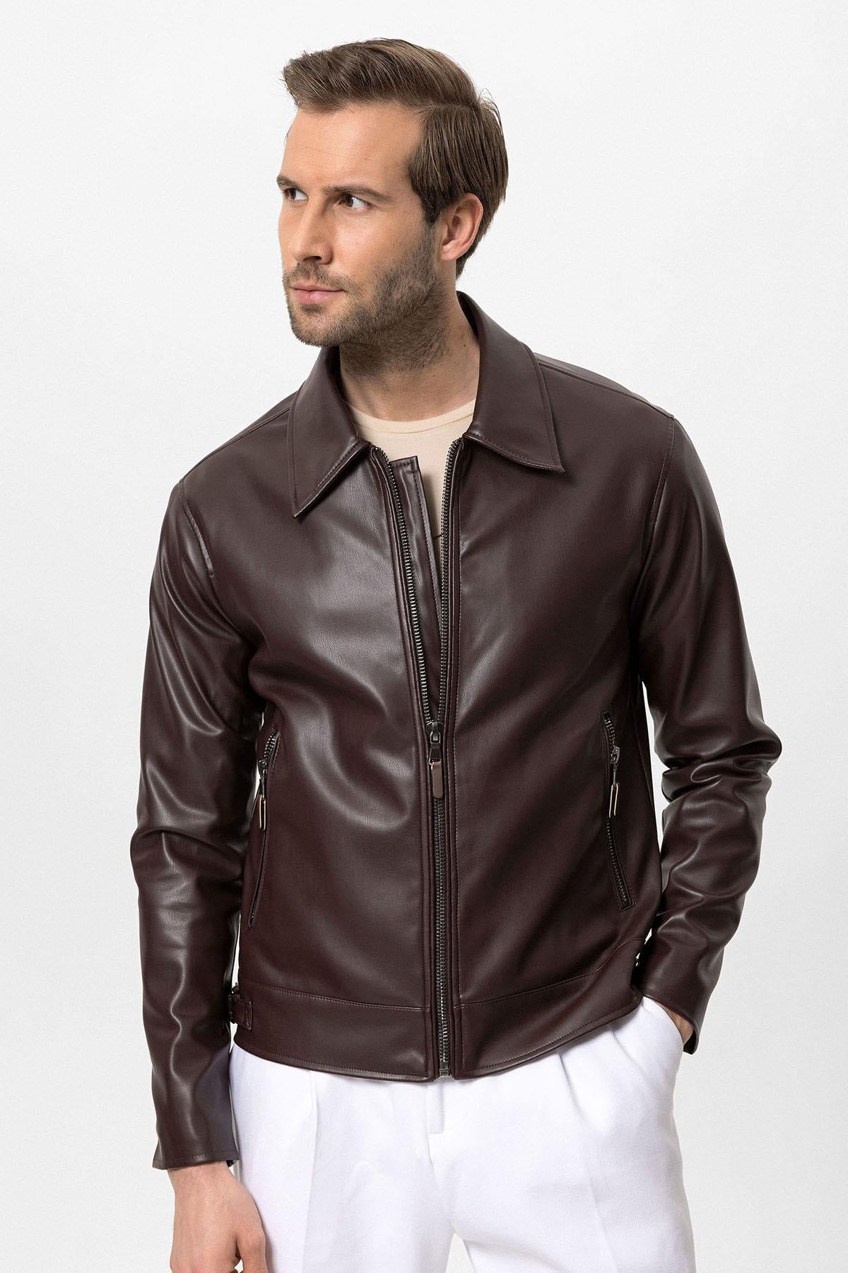 Men's Brown Zipper Sleeve Faux Leather Jacket - Wessi
