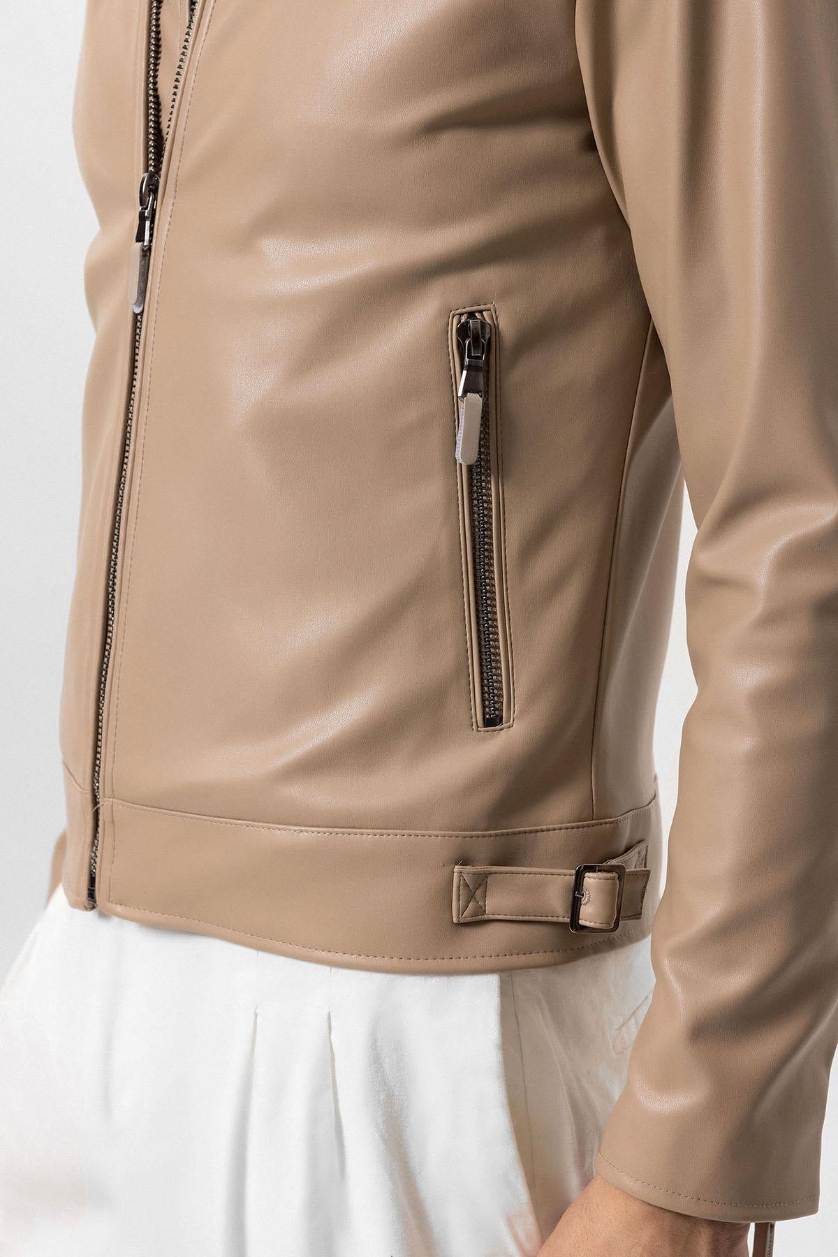 Men's Beige Zipper Sleeve Faux Leather Jacket - Wessi