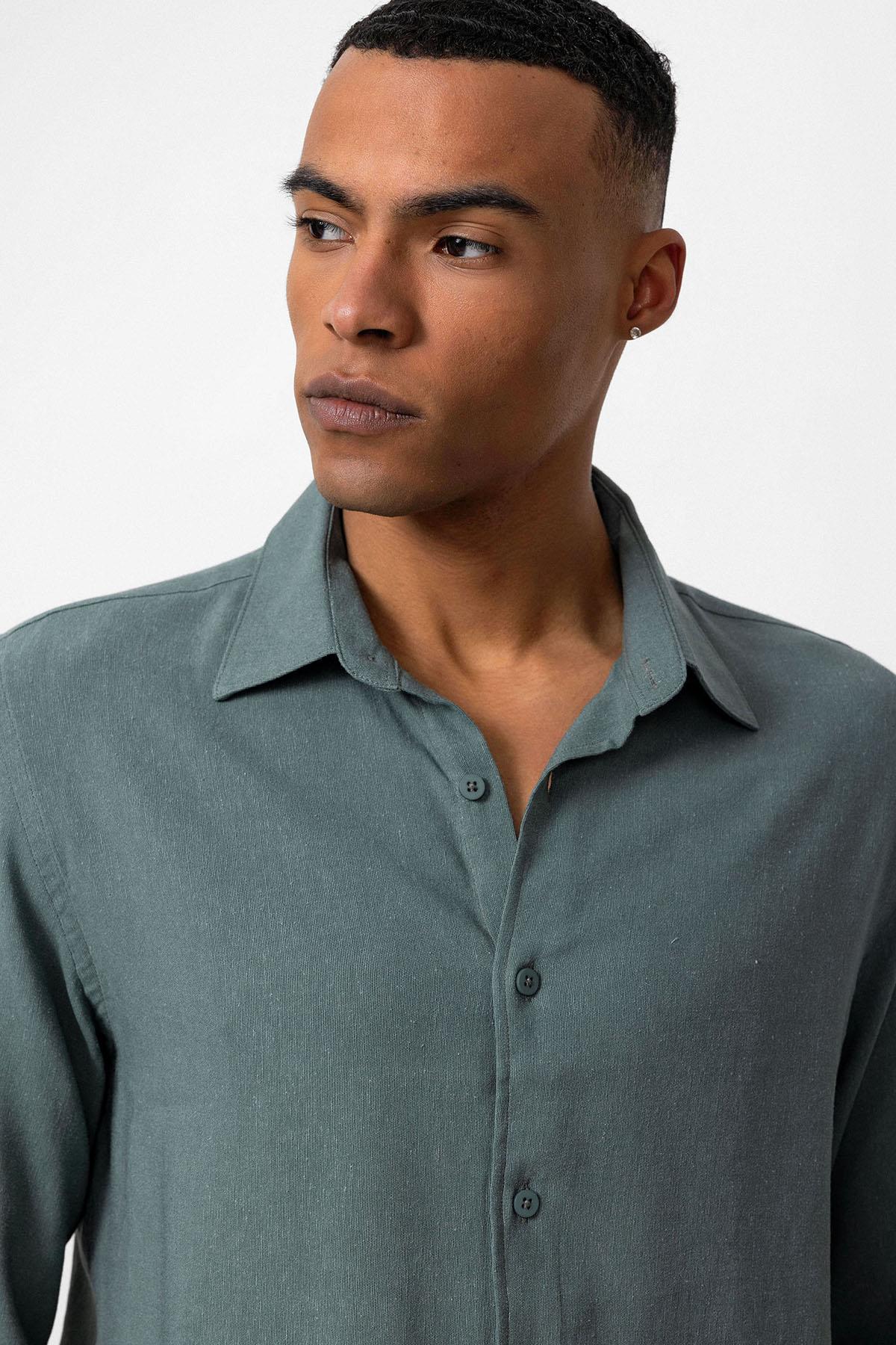 Men's Dark Khaki Long-Sleeve Linen Shirt