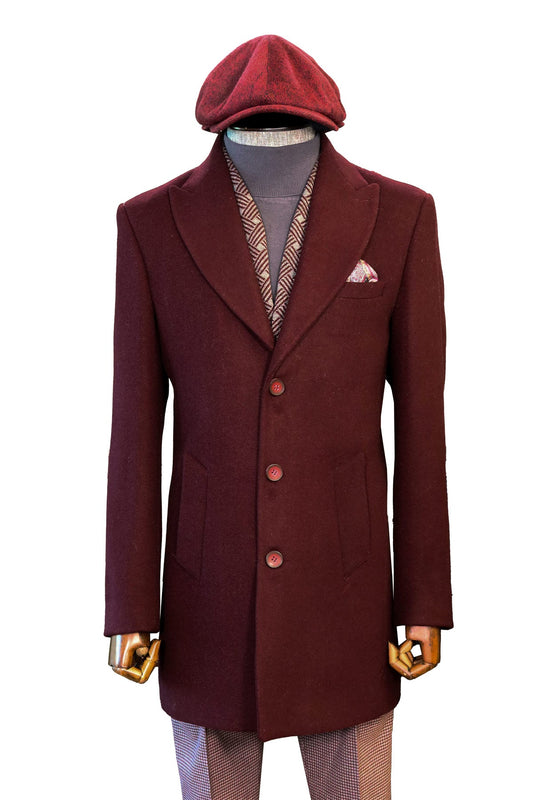 Burgundy Wool Coat, Knit Sweater, Scarf, Cap, and Patterned Trousers Combination - Noble Winter Style
