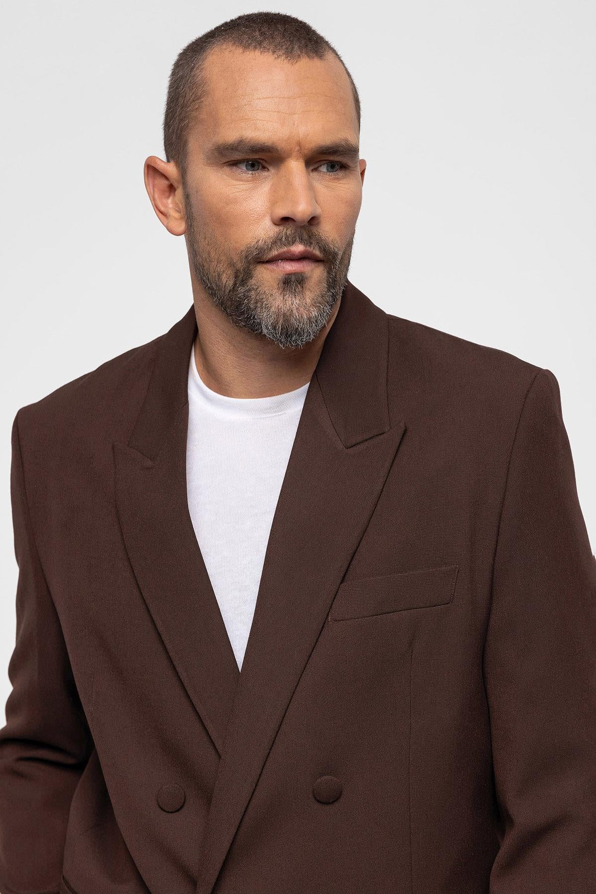 Men's Brown Double Breasted Blazer Jacket - Wessi