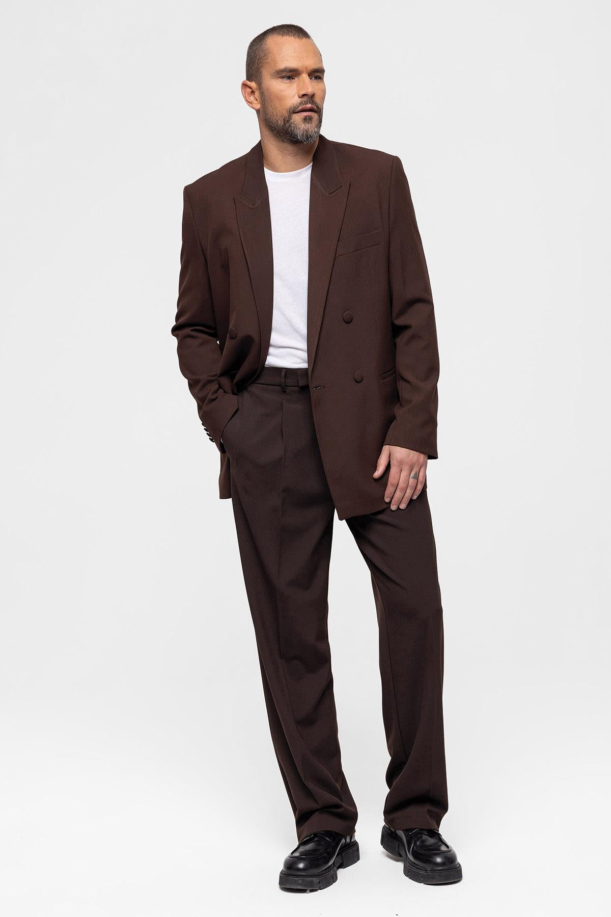 Men's Brown Double Breasted Blazer Jacket - Wessi