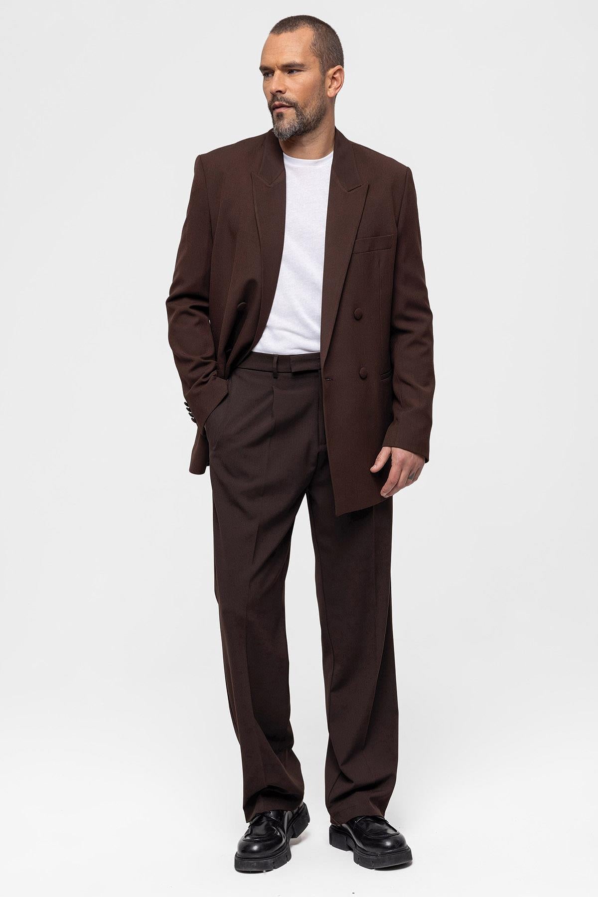 Men's Brown Double Breasted Blazer Jacket - Wessi