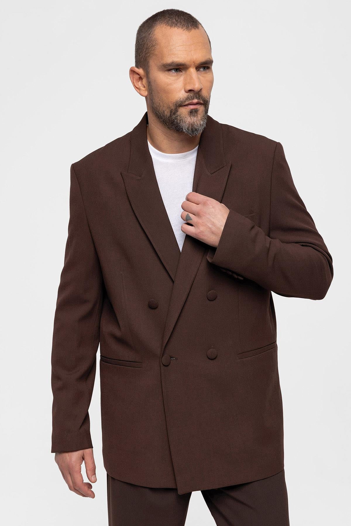 Men's Brown Double Breasted Blazer Jacket - Wessi