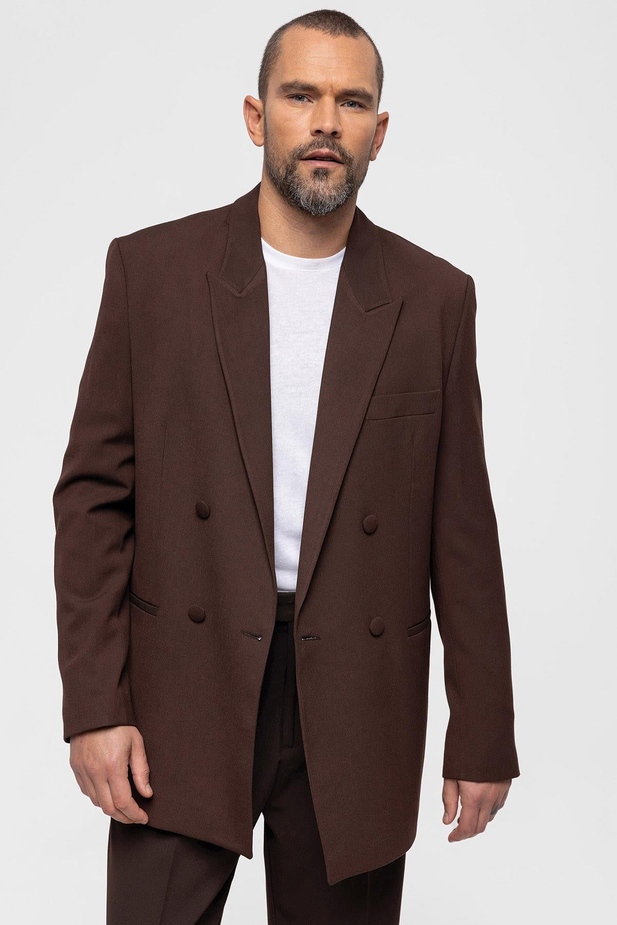 Men's Brown Double Breasted Blazer Jacket - Wessi