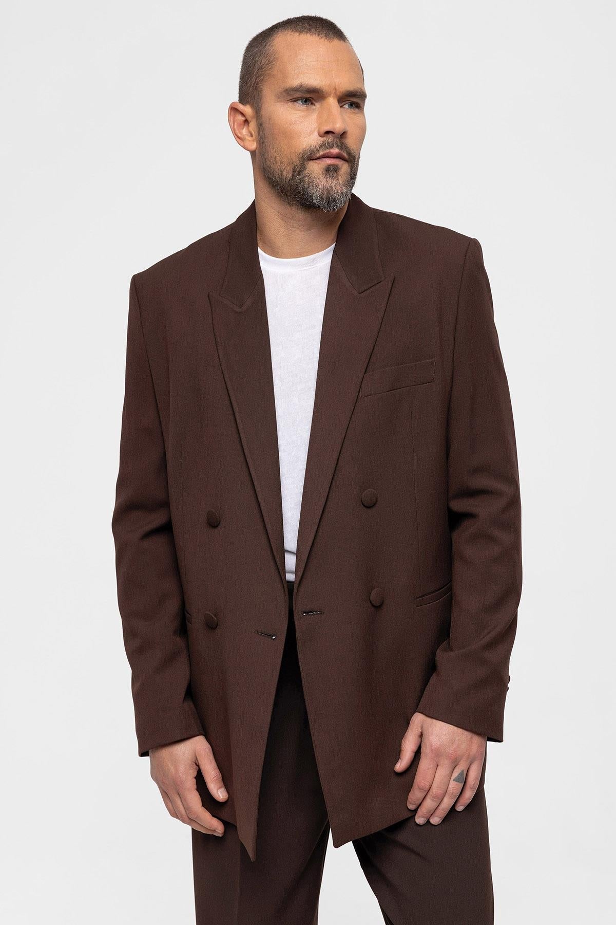 Men's Brown Double Breasted Blazer Jacket - Wessi
