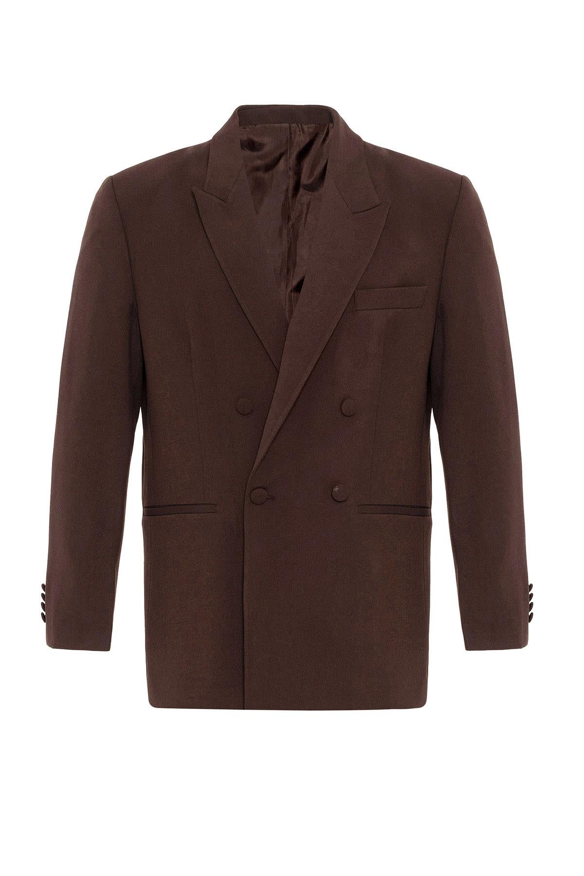 Men's Brown Double Breasted Blazer Jacket - Wessi
