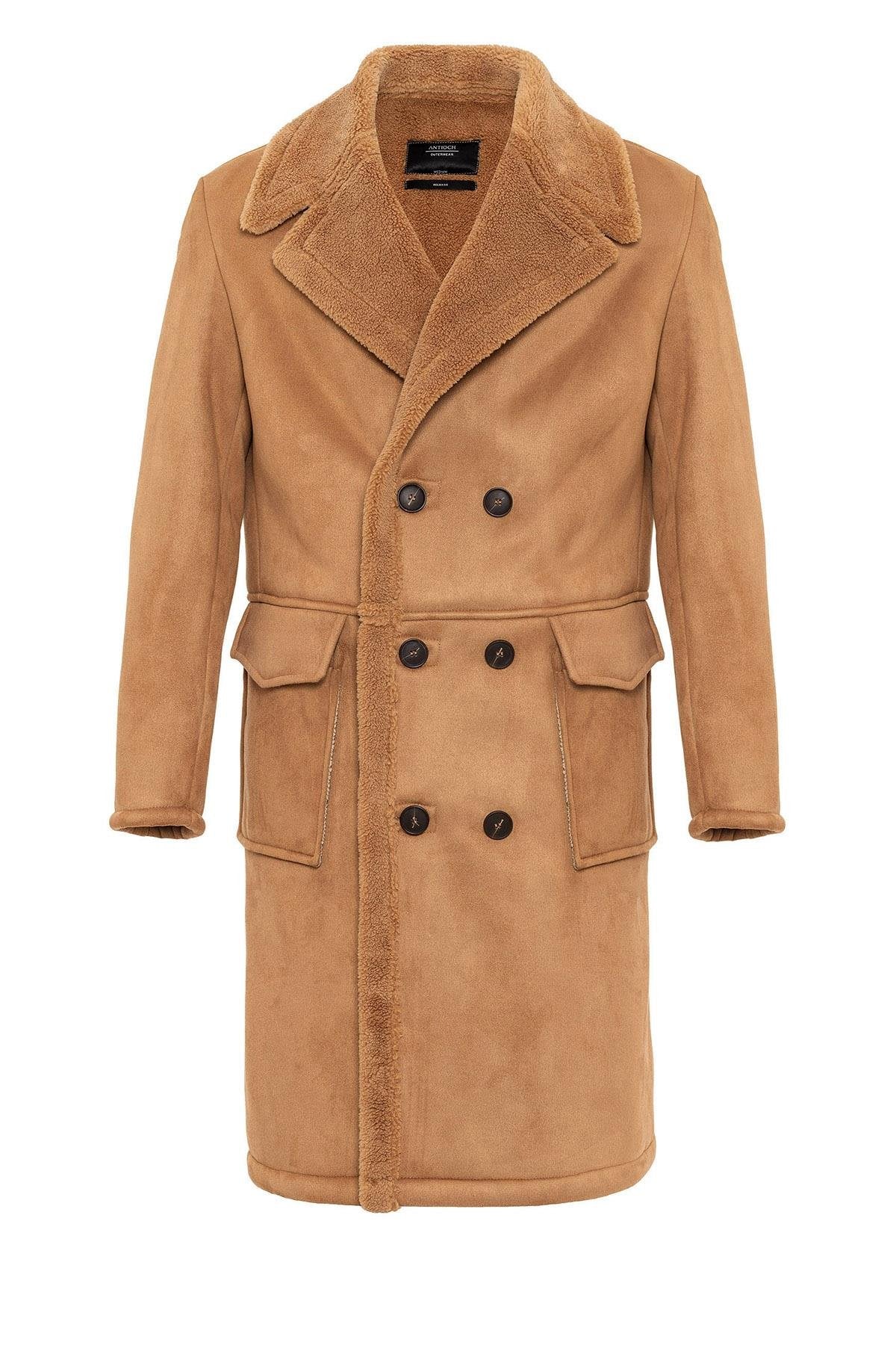 Camel Double-Breasted Closure Lining Detailed Men's Coat