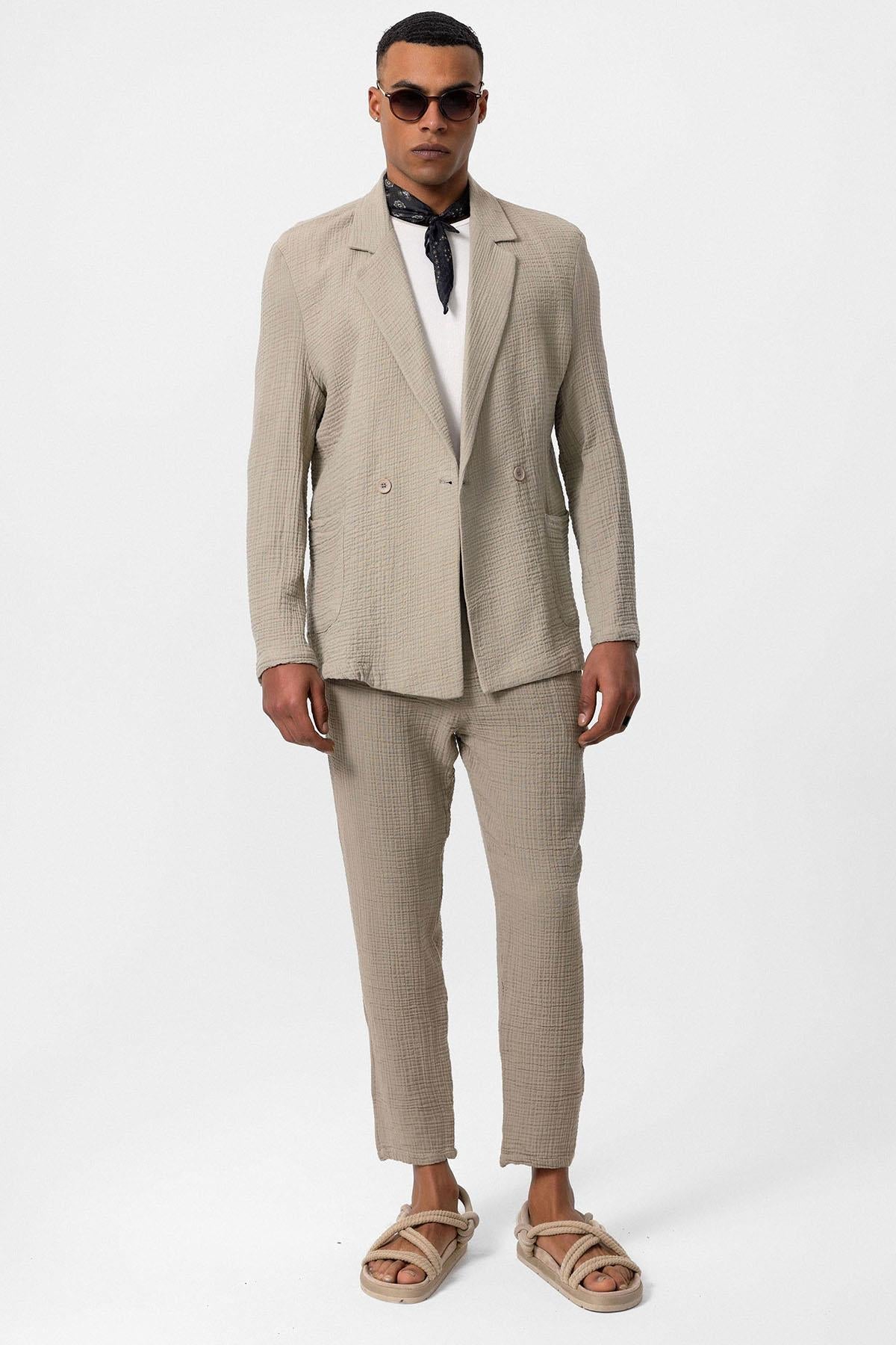 Men's Beige Double-Breasted Plain Blazer