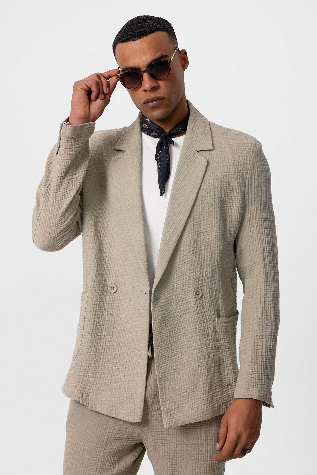 Men's Beige Double-Breasted Plain Blazer