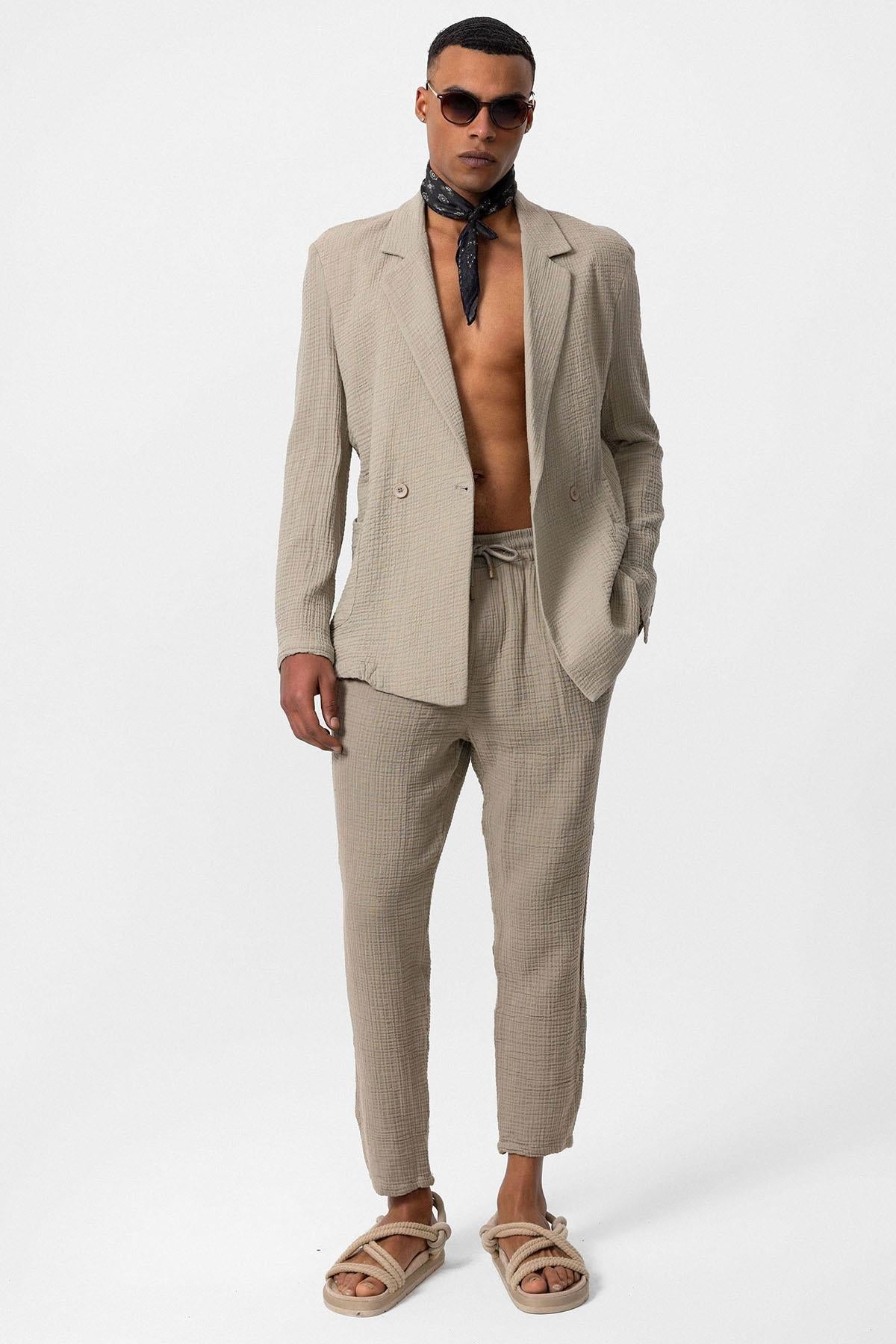 Men's Beige Double-Breasted Plain Blazer