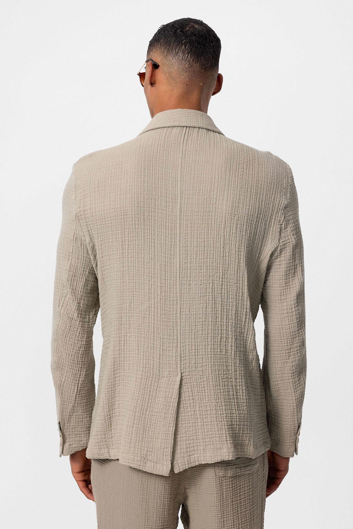 Men's Beige Double-Breasted Plain Blazer