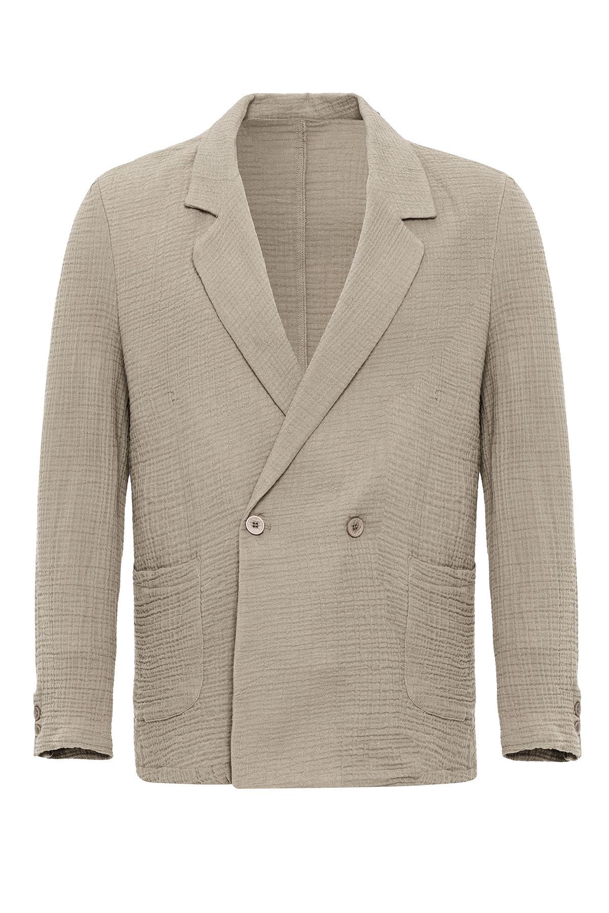 Men's Beige Double-Breasted Plain Blazer