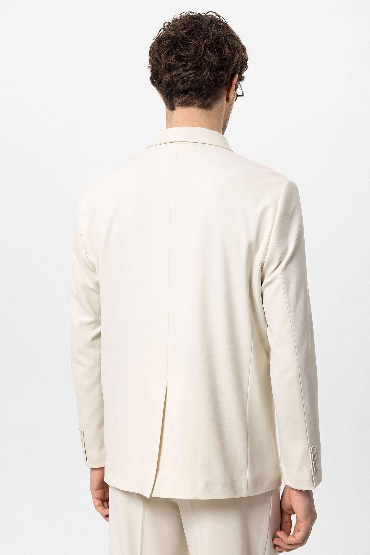 Men's Ecru Double-Breasted Flap Pocket Blazer