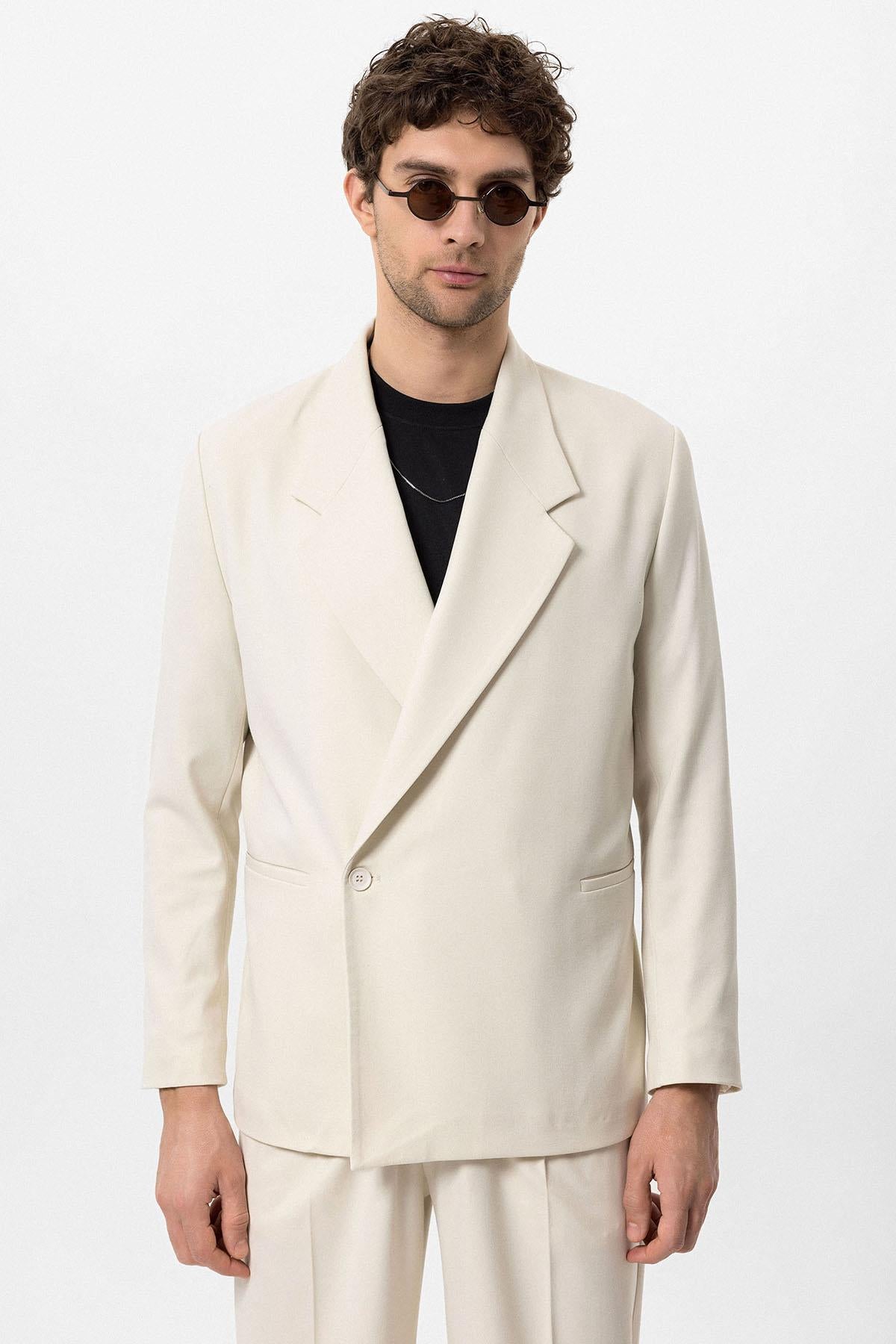 Men's Ecru Double-Breasted Flap Pocket Blazer