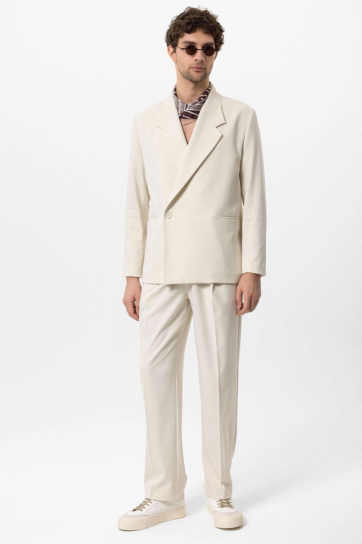 Men's Ecru Double-Breasted Flap Pocket Blazer