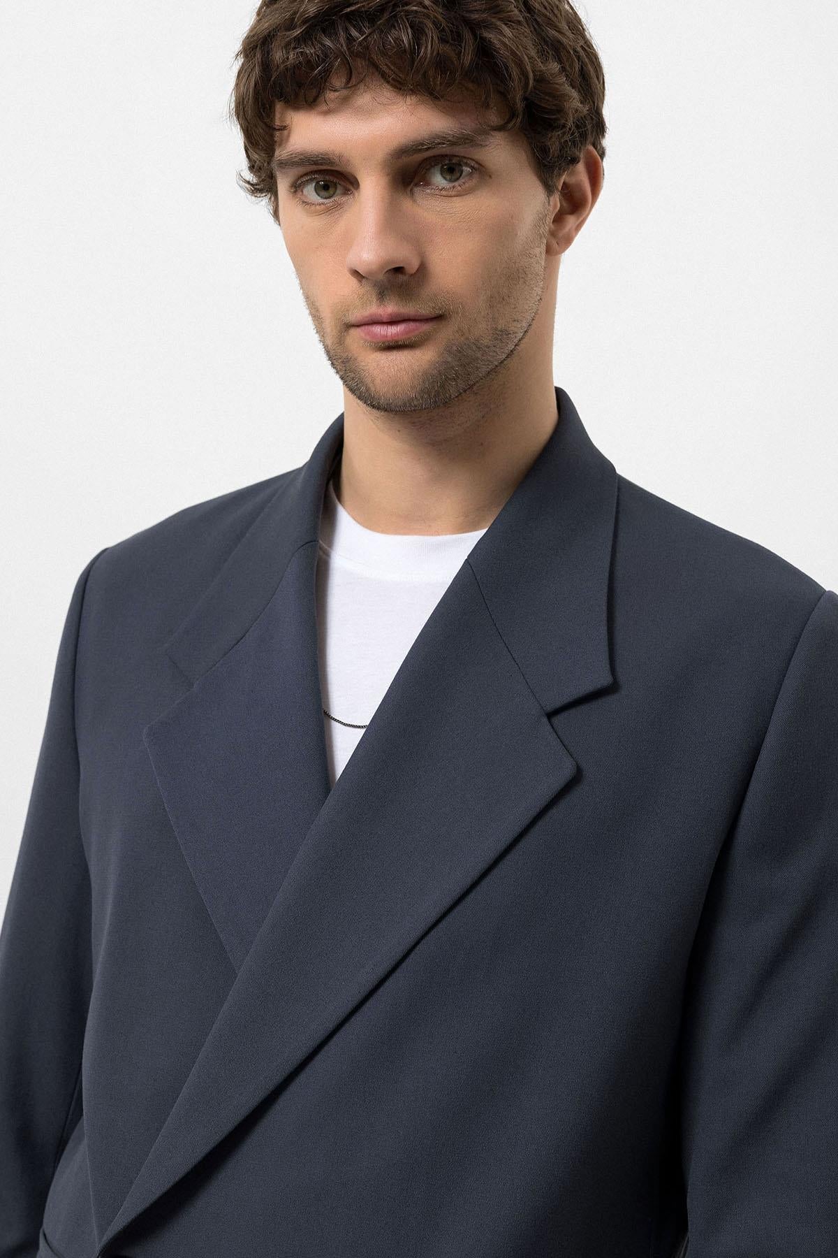 Men's Smoked Double-Breasted Flap Pocket Blazer