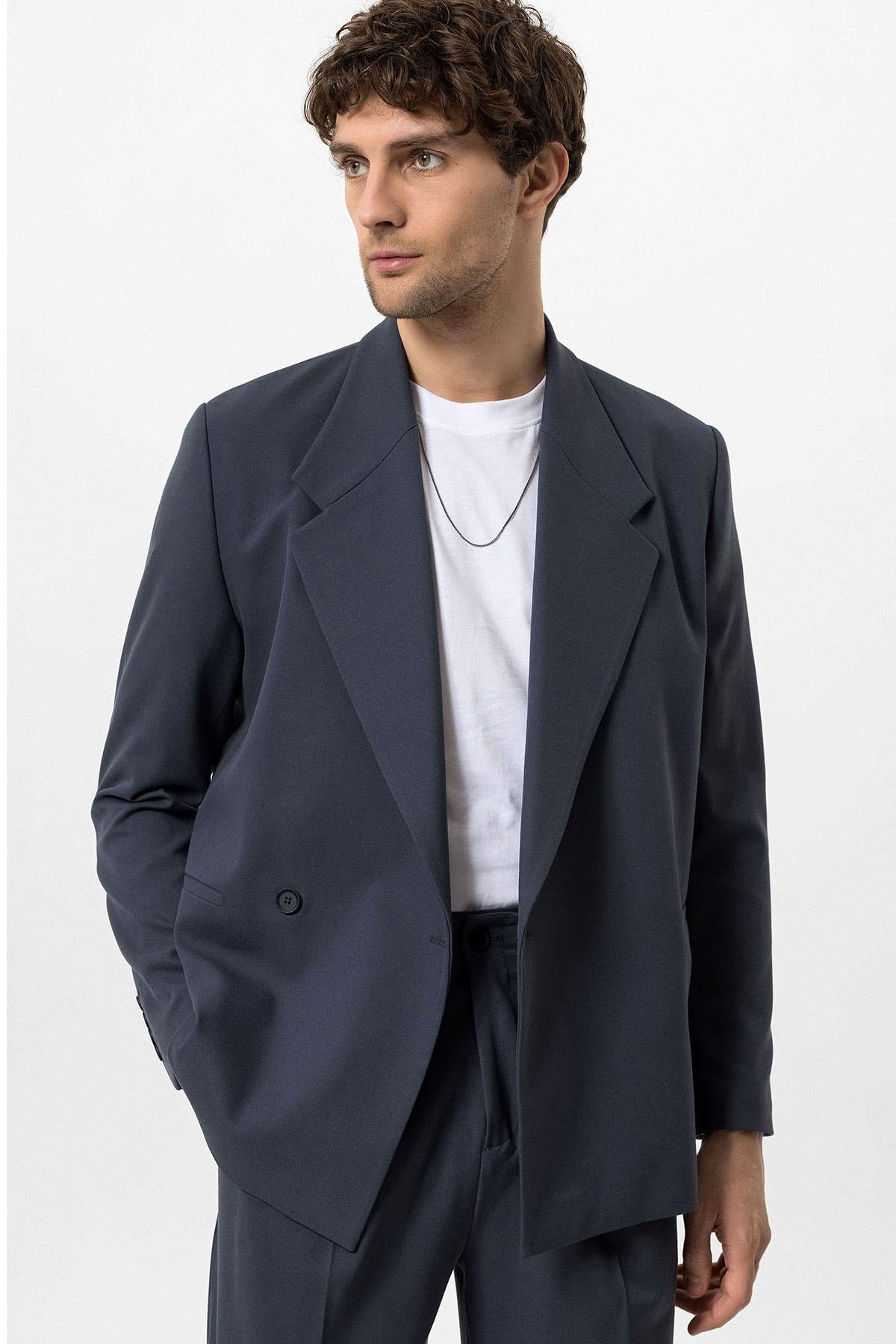Men's Smoked Double-Breasted Flap Pocket Blazer